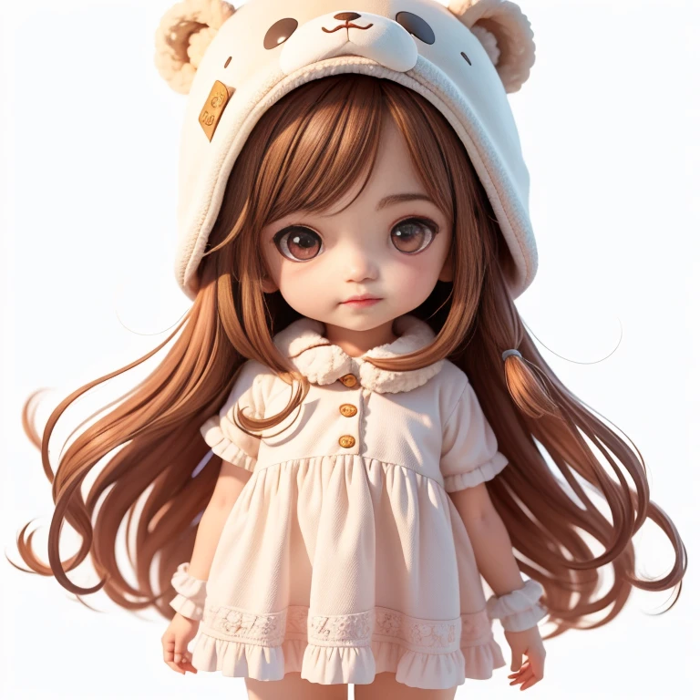 Imaginary friend of curious girl, Cute girl 6 years old, bear hat, brown long hair, brown eyes, Children's stories, White background, Various expressions