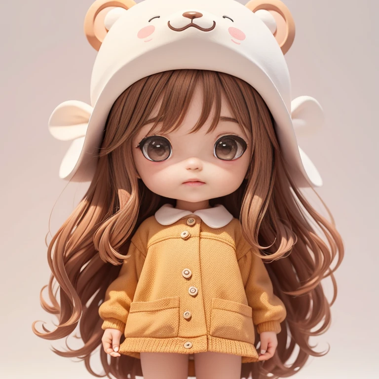 Imaginary friend of curious girl, Cute girl 6 years old, bear hat, brown long hair, brown eyes, Children's stories, White background, Various expressions