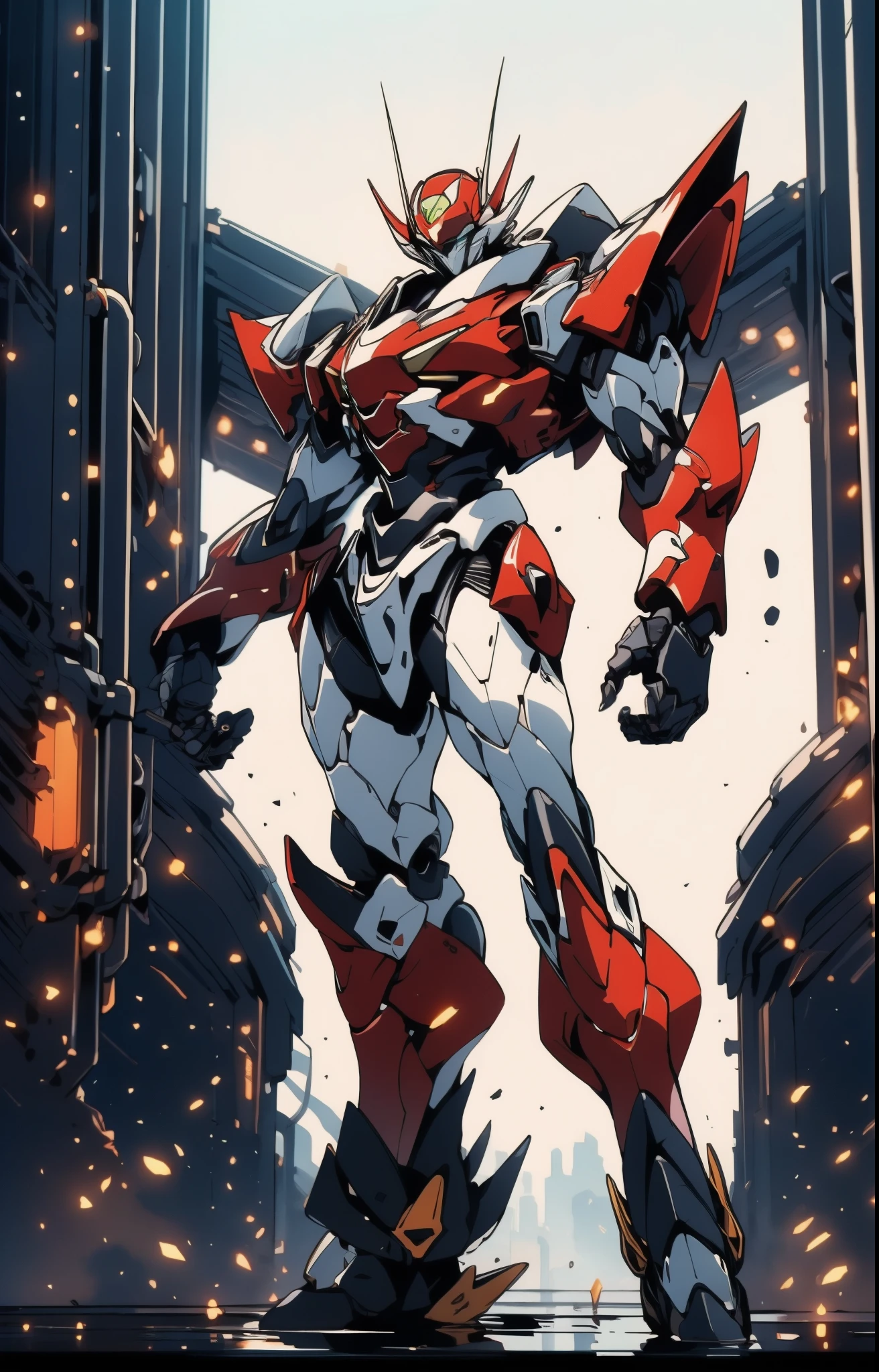 Humanoid Mecha, fully enclosed shoulder guards, matching arm and leg guards, full body, full armor, super robot, the design balances heavy with agility, (the color scheme is primarily white with red and blue accents, the concept Inspired by super robot, artificial muscle chest armor, pose, standing, floating high above the futuristic sci-fi city), exquisite and mature art style, (aura effect, energy, glowing eyes, the armor glows), ((SRS)), metallic, dramatic, high definition, best quality, highres, ultra-detailed, ultra-fine painting, extremely delicate, professional, perfect body proportions, anatomically correct, symmetrical face, extremely detailed eyes and face, high quality eyes, creativity, RAW photo, UHD, 32k, Natural light, cinematic lighting, masterpiece-anatomy-perfect, masterpiece:1.5