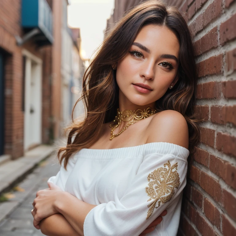 ultra realistic 8k cg, masterpiece, ((ultra detailed background, delicate pattern, intricate detail)), best quality, intricate details, chromatic aberration, 1girl, long hair, golden hair, messy hair, red highlights, hair over one eye, sharp eyes, choker, brick wall, graffiti, dim lighting, alley, oversized shirt,off shoulder, see through white shirt, Masterpiece, best quality