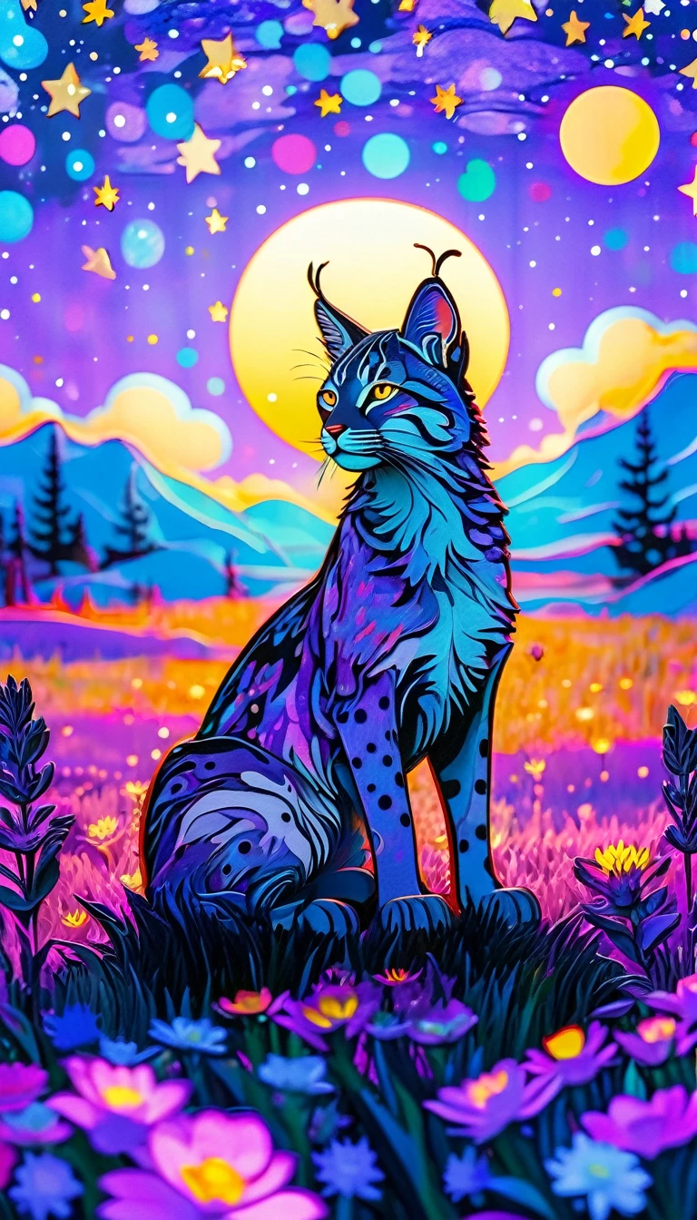3D psychedelic art, a surreal bobcat standing in purple tundra field, starry sky, northern light, polka dot sky, mandala moon, shadow, vivid colors, combined woodcut print style, van gogh and naive art style, anime style, quilling feature, bokeh, double exposure, majestic