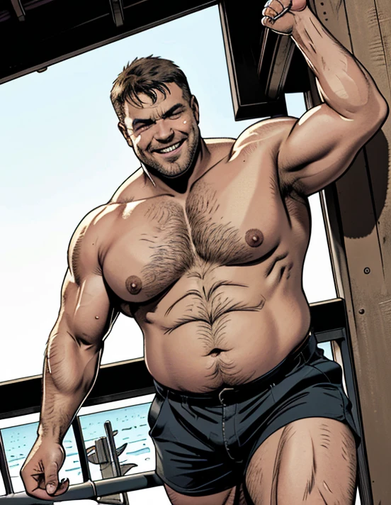 Intense cinematic scene, Full-body shot, Robust and robust real-world environment, short-hair, thick arm muscles, thick leg muscles, , strong, Fat middle-aged man with a bright smile, wear shorts, fotografia de Corpo completo imagem de corpo inteiro, low side angles. Detailed image dynamic image. He doesn't wear clothes.Only plump, chubby, extremely thick thighs, large belly, fat, "Two plump men with big guts, They are wearing only underwear. The image is of the highest quality, with ultra-detailed realism and vivid colors. The lighting highlights every curve and texture, creating a visually stunning portrait.(b0ndage,strap, bontfit), lean on the bar, in nightclub, neon lights, floated in the air shirtless Caucasian male with short dark hair and he body full tattoo. wearing black leather harness and briefs, he make black gloves. He wore fur robes, he is golden. top quality, soft color, Vintage images, highres, paid reward available, High-quality illustrations, unparalleled masterpiece, absurdres(highly detailed beautiful face and eyes)perfect anatomy, expression, caustics, no lighting deep shadow, masterpiece, high quality, hi res, solo, spiked brown hair only on head, collar, brown eyes, goggles, Black loincloth, green scarf, elbow pads, knee pads, masterpiece, No muscles, Detailed hands, detailed face, detailed eyes, detailed body, Flat body, Skinny, claws, high resolution, metal cuffs on wrists, metal cuffs on ankles, no shirt, no underwear, drunk, bar, ((Blue eyes, gayharness, wearing harness, chest harness, leather straps, dancing, in a nightclub, sexual energy, r pants, leather hat, arm bands, wearing full black leather police uniform and leather police cap, bondade,strap, bondage outfit), lean bar, in nightclub, neon lights))),rofessional retro-style photograph of a fat middle-aged man with short military-style haircut, ((barba longa e grisalha)), ((corpo peludo)), vestindo uma jaqueta de couro preta (((sem c