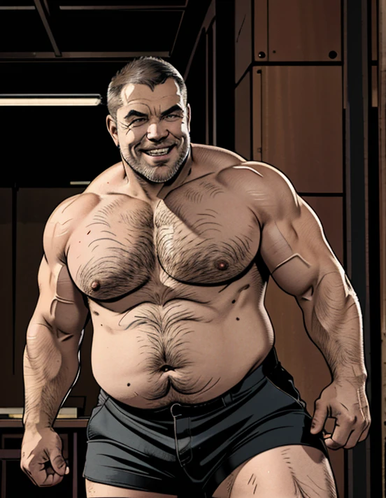 Intense cinematic scene, Full-body shot, Robust and robust real-world environment, short-hair, thick arm muscles, thick leg muscles, bbw, strong, Fat middle-aged man with a bright smile, wear shorts, fotografia de Corpo completo imagem de corpo inteiro, low side angles. Detailed image dynamic image. He doesn&#39;t wear clothes.Only plump, chubby, extremely thick thighs, large belly, fat, "Two plump men with big guts,  They are wearing only underwear. The image is of the highest quality, with ultra-detailed realism and vivid colors. The lighting highlights every curve and texture, creating a visually stunning portrait.(b0ndage,strap, bondage outfit), lean on the bar, in nightclub, neon lights, floated in the air shirtless Caucasian male with short dark hair and he body full tattoo. wearing black leather harness and briefs, he make black gloves. He wore fur robes, he eyes is golden. top quality, soft color, Vintage images, highres, paid reward available, High-quality illustrations, unparalleled masterpiece, absurdres(highly detailed beautiful face and eyes)perfect anatomy, expression, caustics, no lighting deep shadow, masterpiece, high quality, hi res, solo, spiked brown hair only on head, collar, brown eyes, goggles, Black loincloth, green scarf, elbow pads, knee pads, masterpiece, No muscles, Detailed hands, detailed face, detailed eyes, detailed body, Flat body, Skinny, claws, high resolution, metal cuffs on wrists, metal cuffs on ankles, no shirt, no underwear, drunk, bar, ((Blue eyes, gayharness, wearing harness, chest harness, leather straps, dancing, in a nightclub, sexual energy, leather pants, leather hat, arm bands, wearing full black leather police uniform and leather police cap, bondade,strap, bondage outfit), lean on the bar, in nightclub, neon lights))),rofessional retro-style photograph of a fat middle-aged man with short military-style haircut, ((barba longa e grisalha)), ((corpo peludo)), vestindo uma jaqueta de couro preta (((sem c
