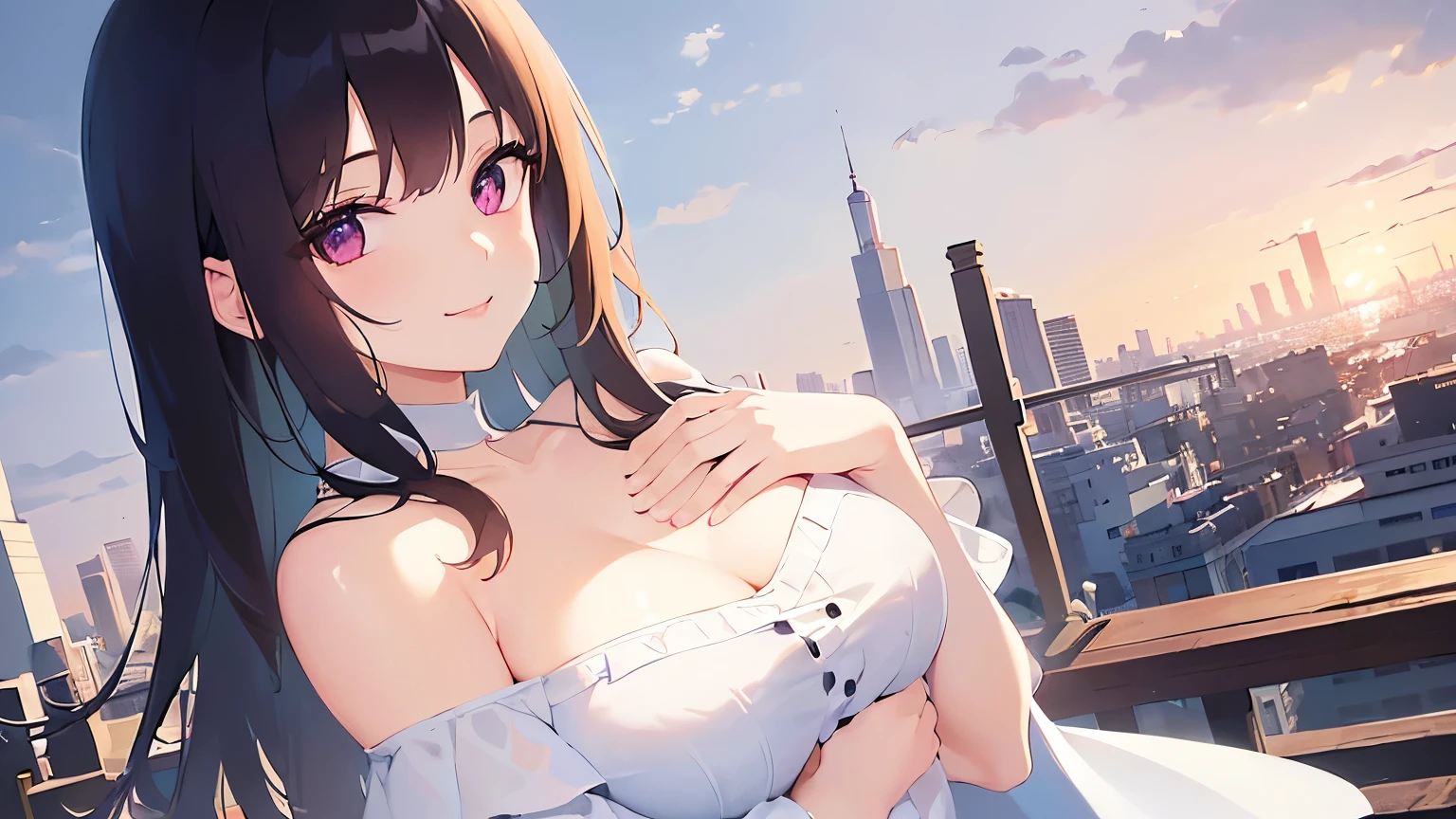 View Viewer,Detailed CG, Ultra-fine illustrations, masterpiece,highest quality, RAW Photos, Realistic,Upper Body,break(White Off Shoulder Blouse:1.5)break, (Pale skin:1.2), Shiny skin, Shiny Hair、(A 26-year-old woman with straight hair and bangs)and(Medium Hair)and(Black Hair)and(Purple eyes) ,(Upturned eyes:1.5)and(smile:1.5)and(Open your mouth),hand on own chest,Biologically correct5refer to,refer toがない,The background is the city,alone