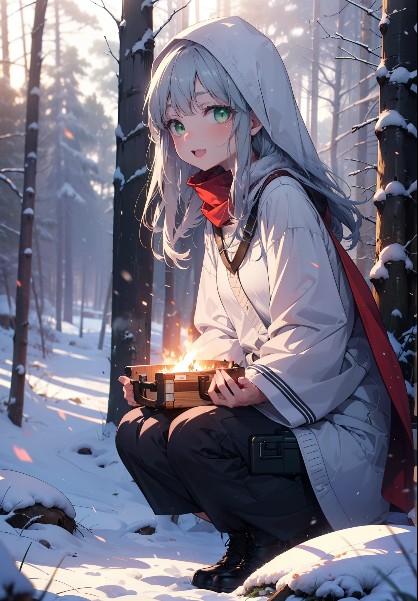 index, index, (Green Eyes:1.5), Silver Hair, Long Hair, (Flat Chest:1.2),happy smile, smile, Open your mouth,
Open your mouth,snow,A bonfire on the ground, Outdoor, boots, snowing, From the side, wood, suitcase, Cape, Blurred, Eat food, forest, White handbag, nature, Squat, Mouth closed, フードed Cape, winter, Written boundary depth, Black shoes, red Cape break looking at viewer, Upper Body, whole body, break Outdoor, forest, nature, break (masterpiece:1.2), highest quality, High resolution, unity 8k wallpaper, (shape:0.8), (Beautiful and beautiful eyes:1.6), Highly detailed face, Perfect lighting, Extremely detailed CG, (Perfect hands, Perfect Anatomy),