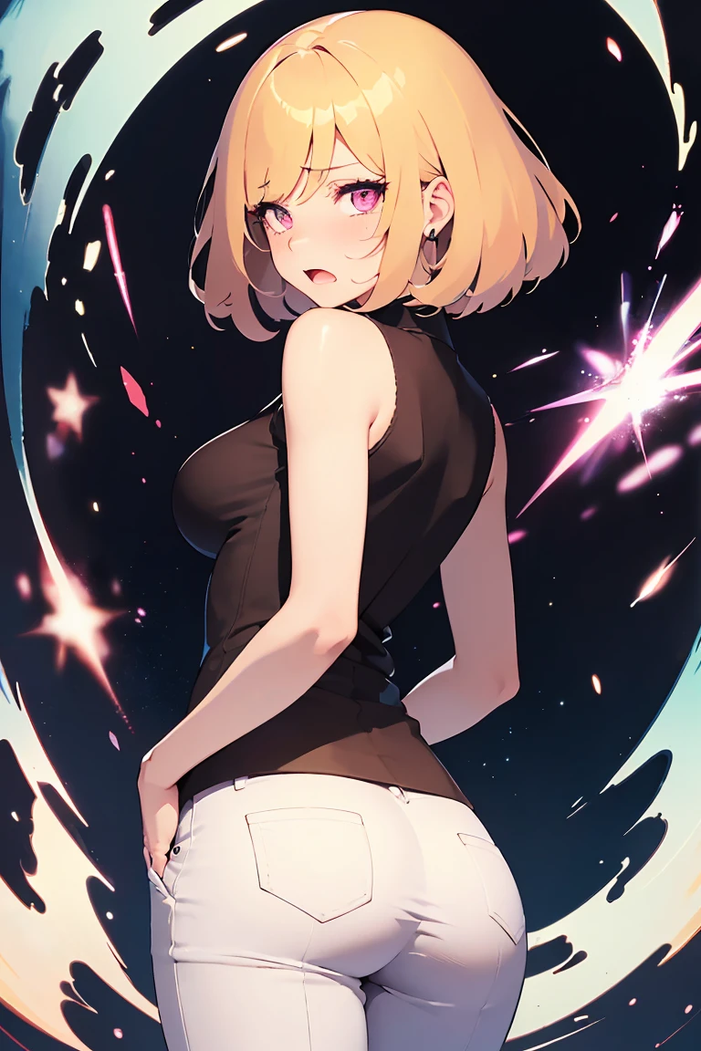 masterpiece, absurdres, best quality, ultra detailed, high Resolution, detailed illustration, bright colour, (extremely beautiful detailed face and eyes, Delicate beautiful face, 1 girl, cute face:1.3), (magenta eyes:1.1), sparkling eyes, big eyes, medium breasts, (perky breasts:1.1), (pointy breasts:1.1), medium hips, glamorous body, white skin, BREAK, asymmetry long bob cut, (blonde hair:0.8), messy hair, detailed hair, shiny hair, BREAK (skinny slacks, soft Buttocks:1.5), perfect lighting, (embarrassed:1.5), (ecstasy, vulgarity:1.5), (trembling:0.8), From behind, Standing in honor,
