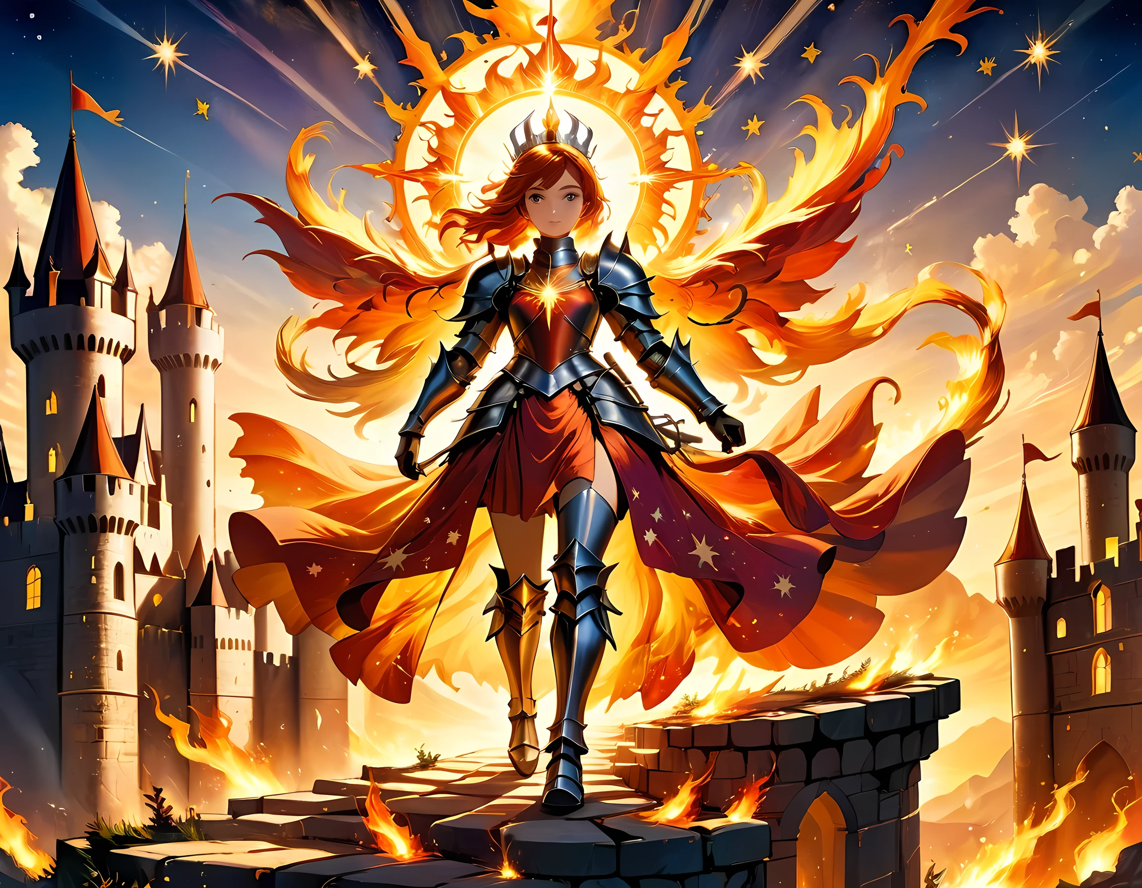 16k, ultra detailed, masterpiece, best quality, (extremely detailed), arafed, dnd art, panoramic view, full body, a lady knight standing on the all of the castle as the sun rises, you see only the silhouette of knight, sky are switching day and knight, the sun is rising, suns, some stars, rays of dawn, fantasy castle background, Wide-Angle, Ultra-Wide Angle, 16k, highres, best quality, faize, 2.5D rendering, phoenix dress