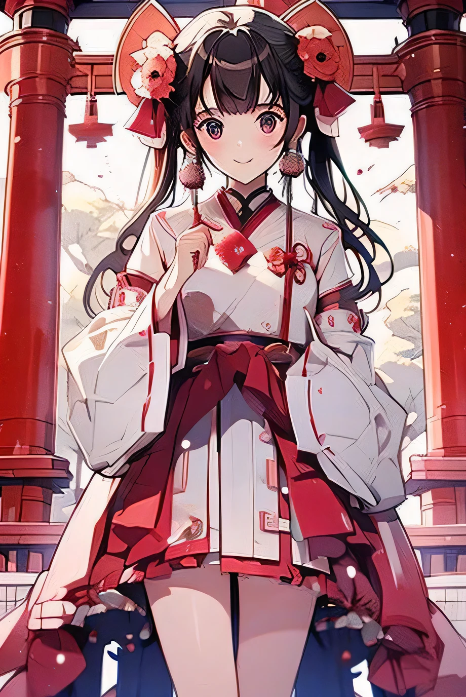 Shrine maiden(Beautiful woman、Perfect Fingers、Perfect legs、High resolution)、torii、shrine