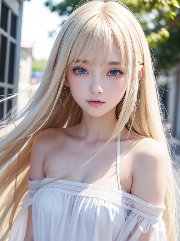 Transparent white glossy skin、Wind hair gets in the way in front of cute face、18 year old cute sexy little beautiful face、Beautiful straight hair that shines、Big、Very beautiful light blue eyes that shine、Long silky bangs covering cute eyes, Sexy face hiding hair super long hair sexy cute young woman long natural blonde shiny bright hair