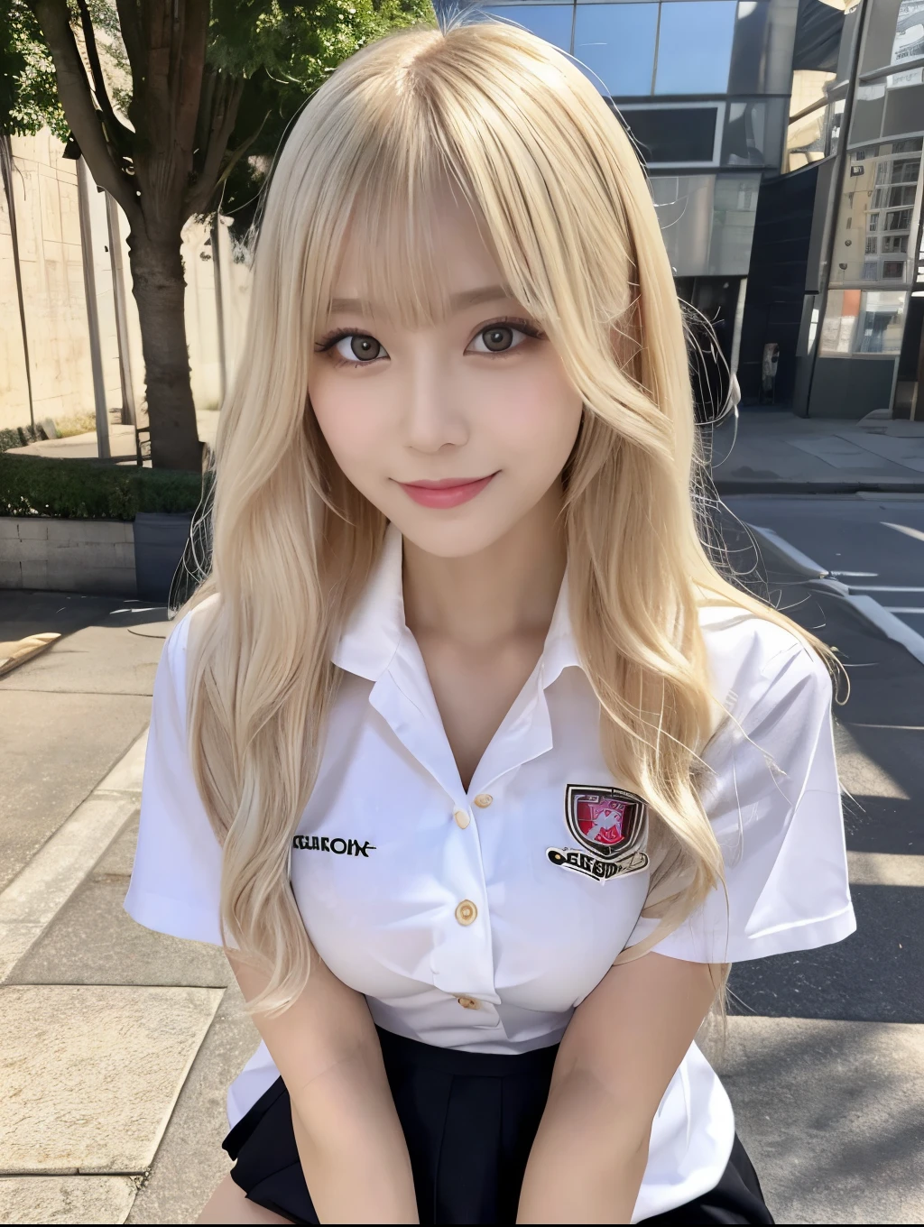 ( Masterpiece, highest quality), 98k, ((Perfect Anatomy:1.3)),Beautiful Japanese Women, Succubus,alone, 18-year-old, Small face,Cute face:1.2,Smiling, Larger breasts, ,Beautifully detailed round eyes, Evenly spaced eyes 1.2, Long platinum blonde hair,Random Hair, (Highly detailed face and skin texture), Beautiful face in golden proportions,White skin,Accentuate your beautiful legs,(Revealing student uniforms:1.2),Random sexy poses, Sunny day,(Standing like a model:1.3)