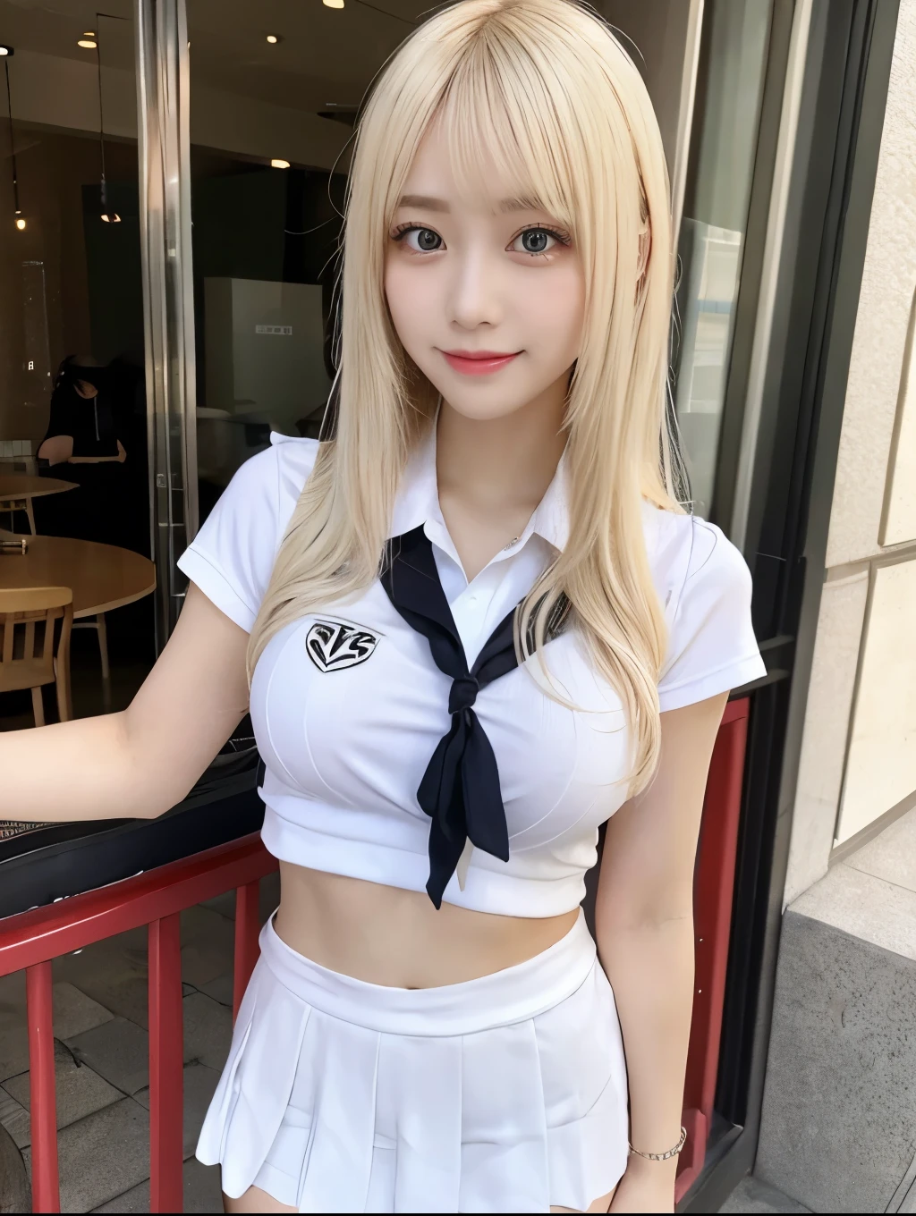 ( Masterpiece, highest quality), 98k, ((Perfect Anatomy:1.3)),Beautiful Japanese Women, Succubus,alone, 18-year-old, Small face,Cute face:1.2,Smiling, Larger breasts, ,Beautifully detailed round eyes, Evenly spaced eyes 1.2, Long platinum blonde hair,Random Hair, (Highly detailed face and skin texture), Beautiful face in golden proportions,White skin,Accentuate your beautiful legs,(Revealing student uniforms:1.2),Random sexy poses, Sunny day,（Standing like a model:1.3）