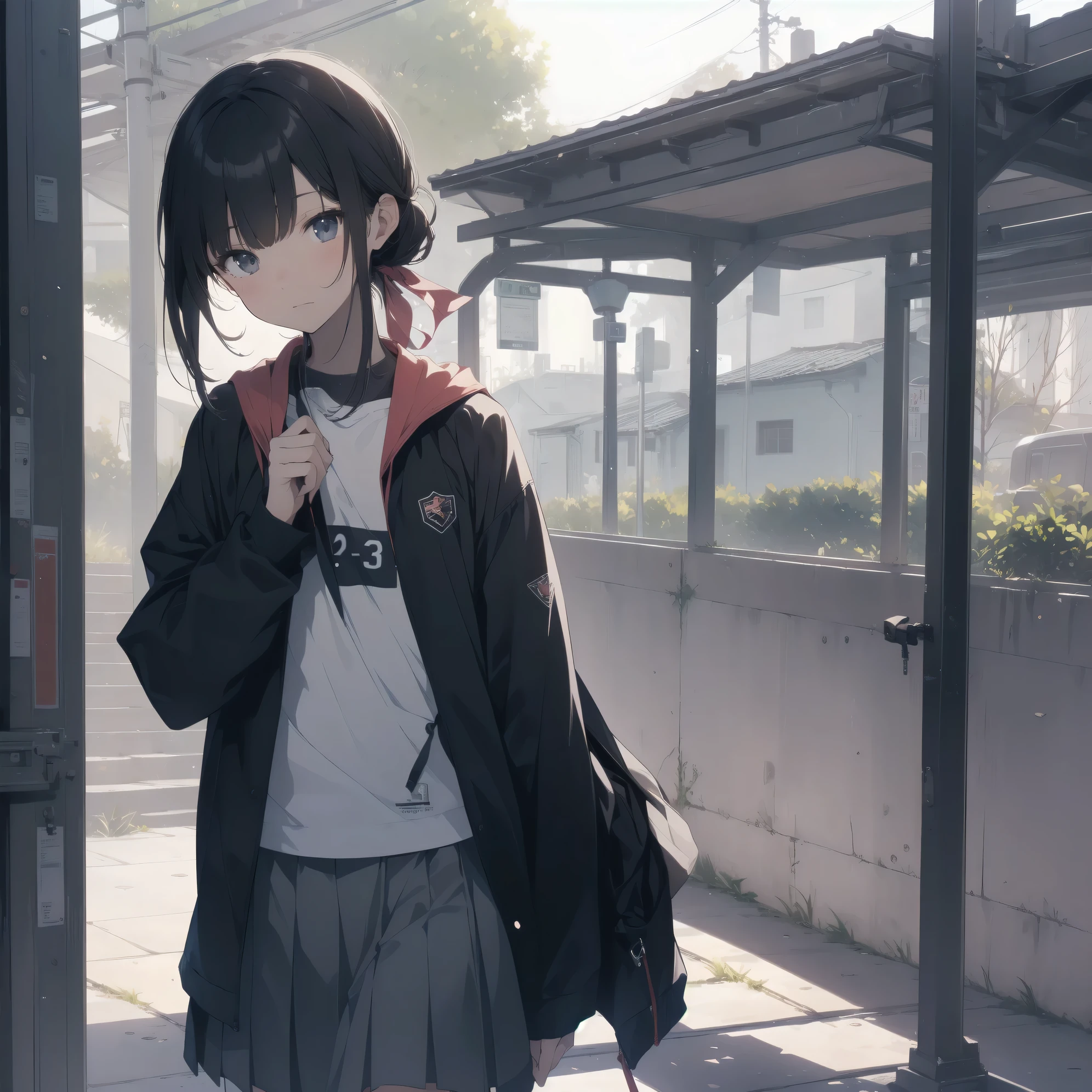 ultra-absurdres-Top quality by artist God, ultra-detailed, high resolution, anime moe artstyle, best anime 8k konachan wallpaper, pixiv contest winner, pool:2810, perfect anatomy,break, 1girl, (Please draw a girl walking sleepily to school alone. )break,(Solo,tomboy, dark-skinned female, -yeld:1.Full limbs, complete fingers, a junior hinous charm, (very short hair, low ponytail), flat chest,slender body, Small butt, groin, small black eyes, beautiful detailed eyes, well-proportioned iris and pupils, expressive eyes, highres detailed hair, soft expression, jk,school_uniform, pleated skirt,(Detailed Lighting), (Detailed background), in the School commute route. break,super detailed skin, Best cinematic lighting powered by famous artist, 8k,beauty illustration,photoshop_(medium),very aesthetic,break,((artist:shino_(ponjiyuusu) )), artist:shinkai_makoto , artist:kantoku , artist:minaba_hideo ,