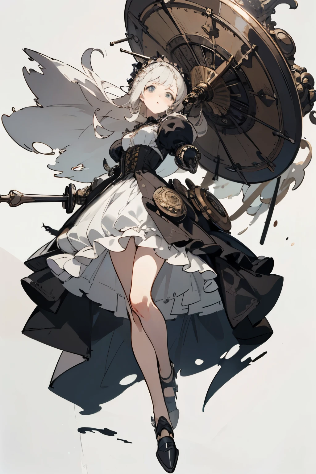 ((best quality)), ((masterpiece)), (detailed), perfect face ((best quality)), ((masterpiece)), (detailed), blank white background, plain background, white background, Bloodborne inspired, occult aesthetic, occult, detailed and intricate steampunk and detailed gothic, (zentangle, mandala, tangle, entangle), NSFW, torn clothing, Very dramatic and cinematic lighting, cosmic horror, grim-dark, side-lighting, perfect face, a beautiful goddess adorned and enshrined in armour, Bloodborne inspired , occult aesthetic , occult , detailed and intricate steampunk and detailed gothic , wielding a sword and holding a shield, NSFW, Fluttering lace flared short dress with frilly petticoats, knee length dress, pleated petticoats, lolita dress, petticoats gothic lolita, side-lighting, gothic lolita aesthetic, beautiful small breasts, small breasts, full body, whole body, body, plain background, white background, blank background, no background, white background NSFW, full body, whole body, head-to-toe