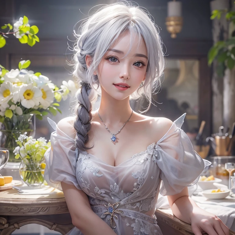 (masterpiece:1.3), (8k, Realistic, RAW Photos, Best image quality: 1.4), Fair-skinned fairy woman、short hair、Cleavage:2.0、Highly detailed face、Attention to detail、double eyelid、Sharp focus:1.2、Beautiful woman:1.4、Silvery white hair、Highest quality、masterpiece、Ultra-high resolution、(Realistic:1.4)、Highly detailed and professionally lit smiles、Loose, Light, One person、whole body,　I eat a healthy breakfast 