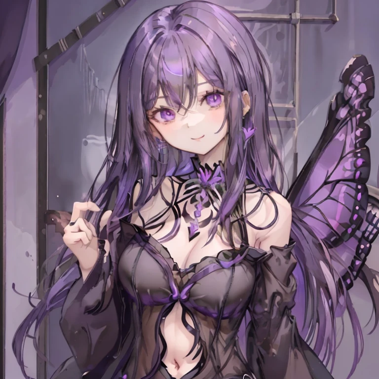 1 girl、Mature、Ample breasts、Purple Hair、Long Hair、Sharp Eyes、Black Dress、Belly button、Shoulder Bare、Black wings、look back、A seductive smile、Moonlit Night、High resolution、highest quality、butterfly