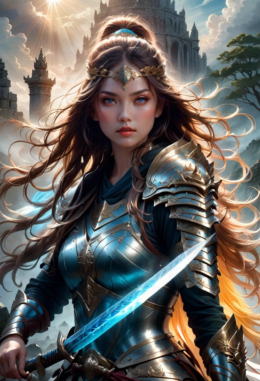 Female Warrior, a female warrior, intricate armor, detailed facial features, piercing eyes, sharp nose, full lips, long eyelashes, flowing hair, fierce expression, powerful stance, brandishing a sword, epic fantasy landscape, rolling hills, ancient ruins, sunlight streaming through clouds, dramatic lighting, rich color palette, cinematic composition, award-winning digital art, hyper-detailed, photorealistic, 8k