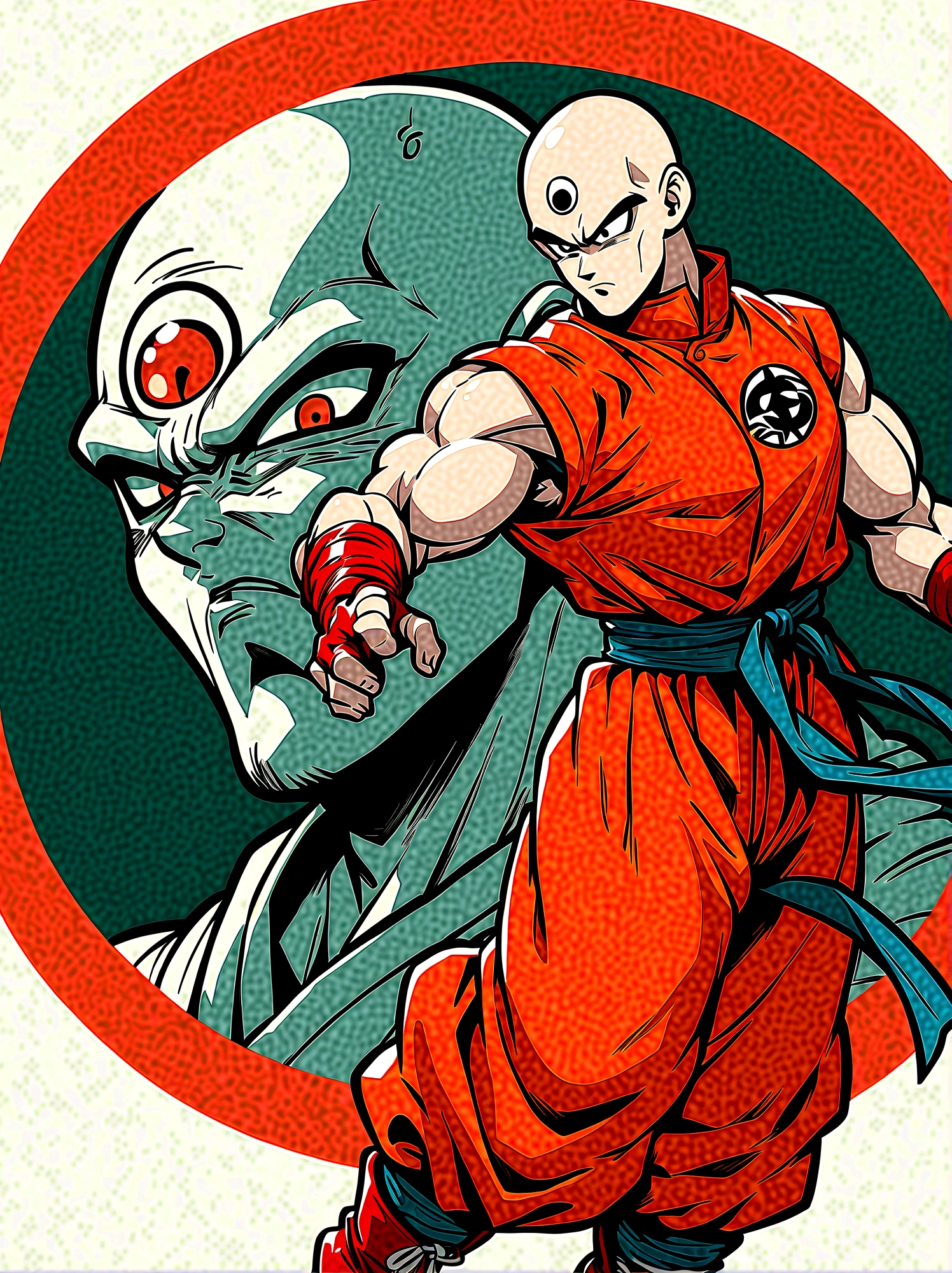 1boy, Dragon Ball, Tien Shinhan, Martial Artist, Thin muscles, Baldhead, Sharp eyes, The Third Eye, Red-yellow, Sleeveless high collar, Pants, Red Boots, Fingerless gloves, Unique logo belt