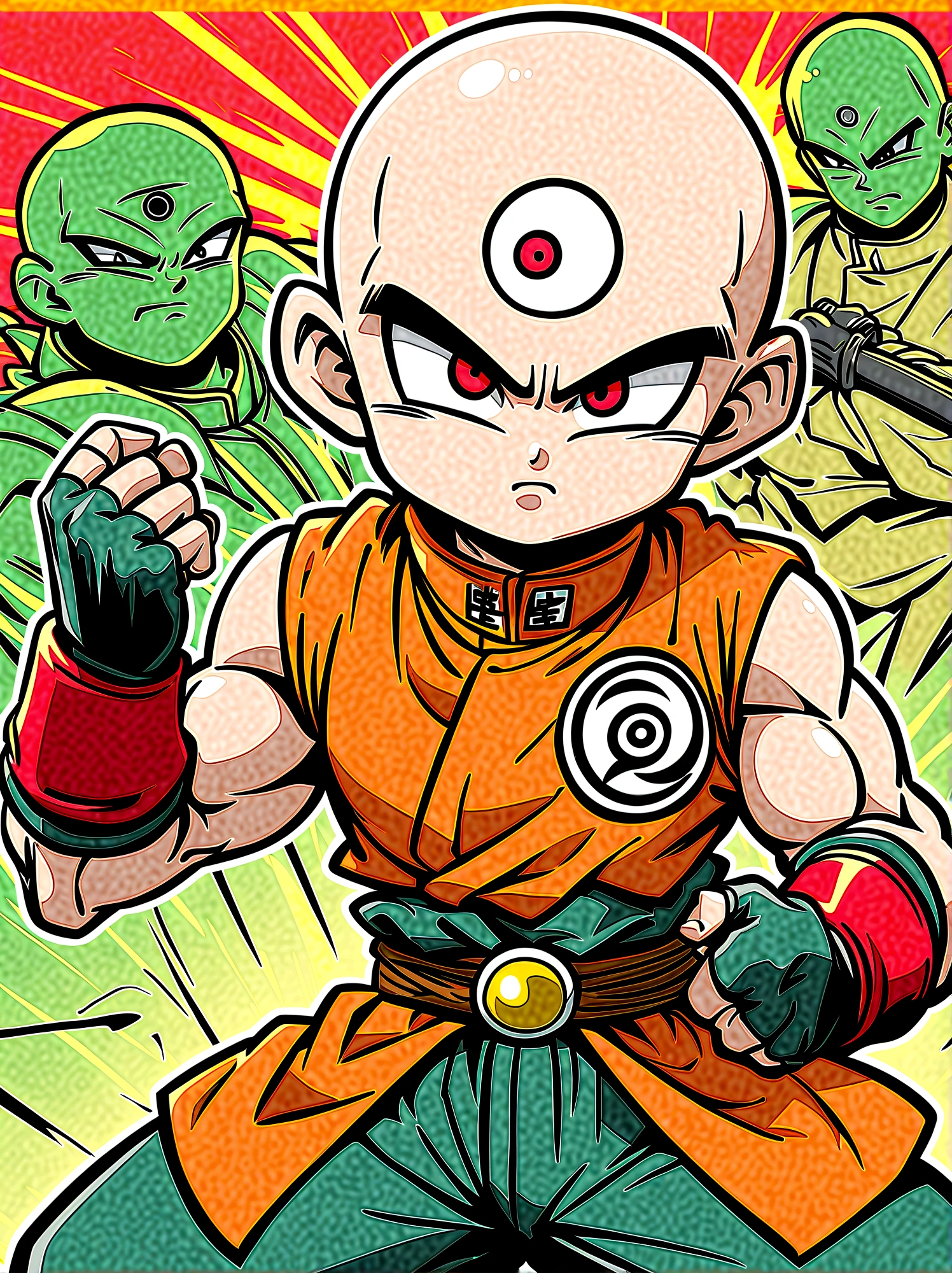 1boy, Dragon Ball, Tien Shinhan, Martial Artist, Thin muscles, Baldhead, Sharp eyes, The Third Eye, Red-yellow, Sleeveless high collar, Pants, Red Boots, Fingerless gloves, Unique logo belt
