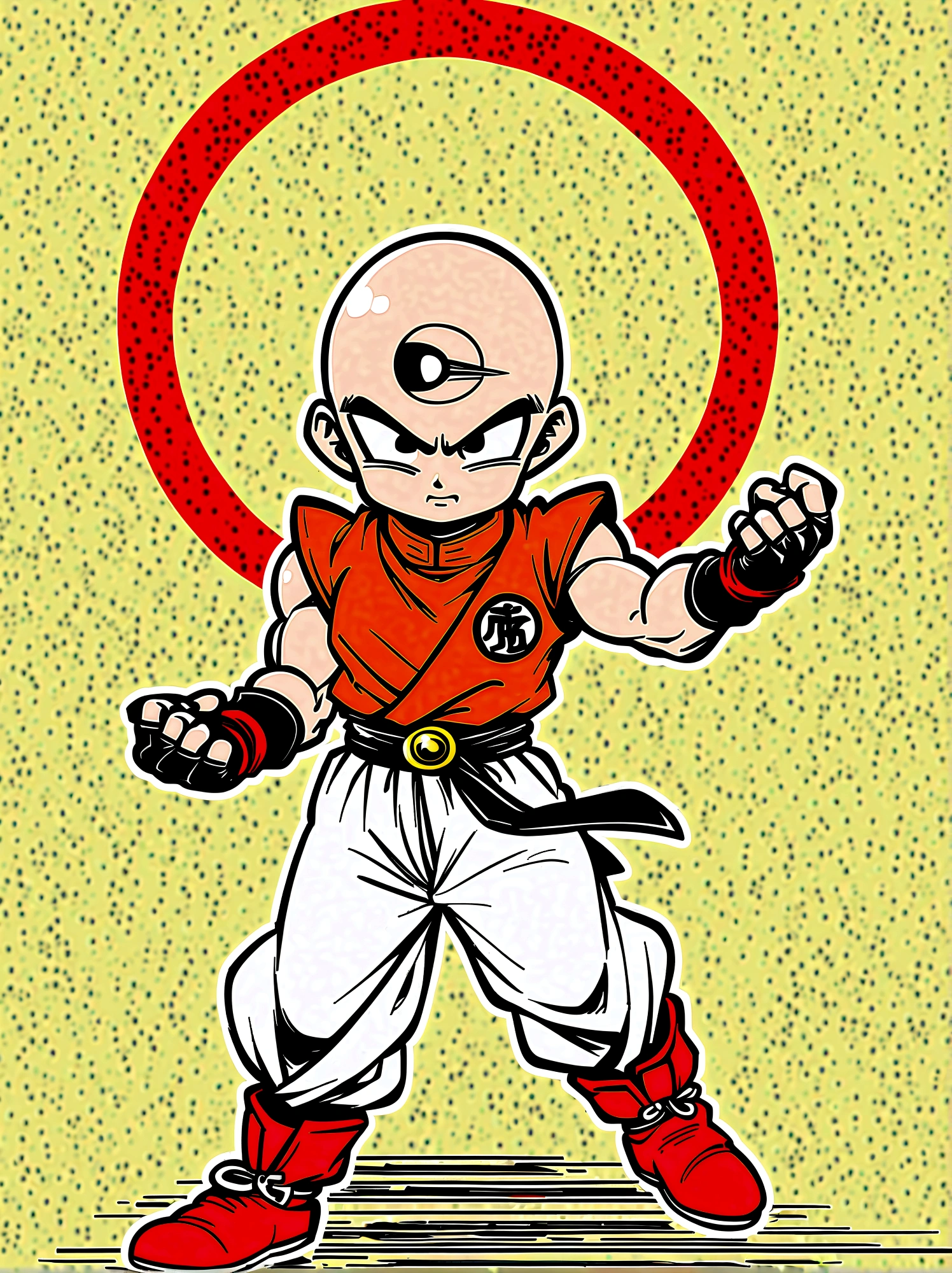 1boy, Dragon Ball, Tien Shinhan, Martial Artist, Thin muscles, Baldhead, Sharp eyes, The Third Eye, Red-yellow, Sleeveless high collar, Pants, Red Boots, Fingerless gloves, Unique logo belt