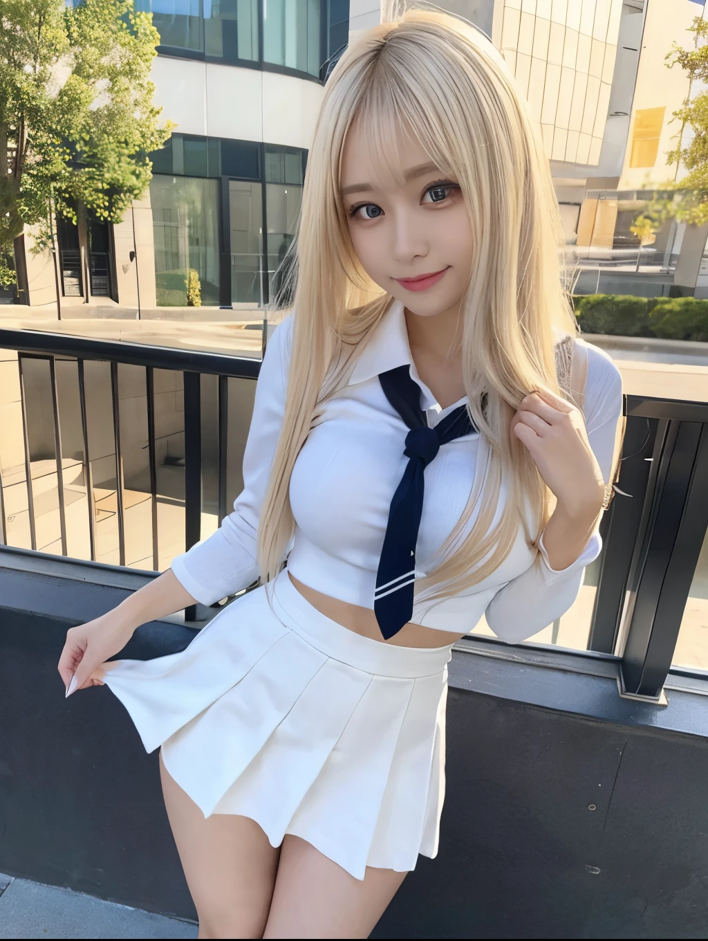 ( Masterpiece, highest quality), 98k, ((Perfect Anatomy:1.3)),Beautiful Japanese Women, Succubus,alone, 18-year-old, Small face,Cute face:1.2,Smiling, Larger breasts, ,Beautifully detailed round eyes, Evenly spaced eyes 1.2, Long platinum blonde hair,Random Hair, (Highly detailed face and skin texture), Beautiful face in golden proportions,White skin,Accentuate your beautiful legs,(Revealing student uniforms:1.2),Random sexy poses, Sunny day,(Standing like a model:1.3)