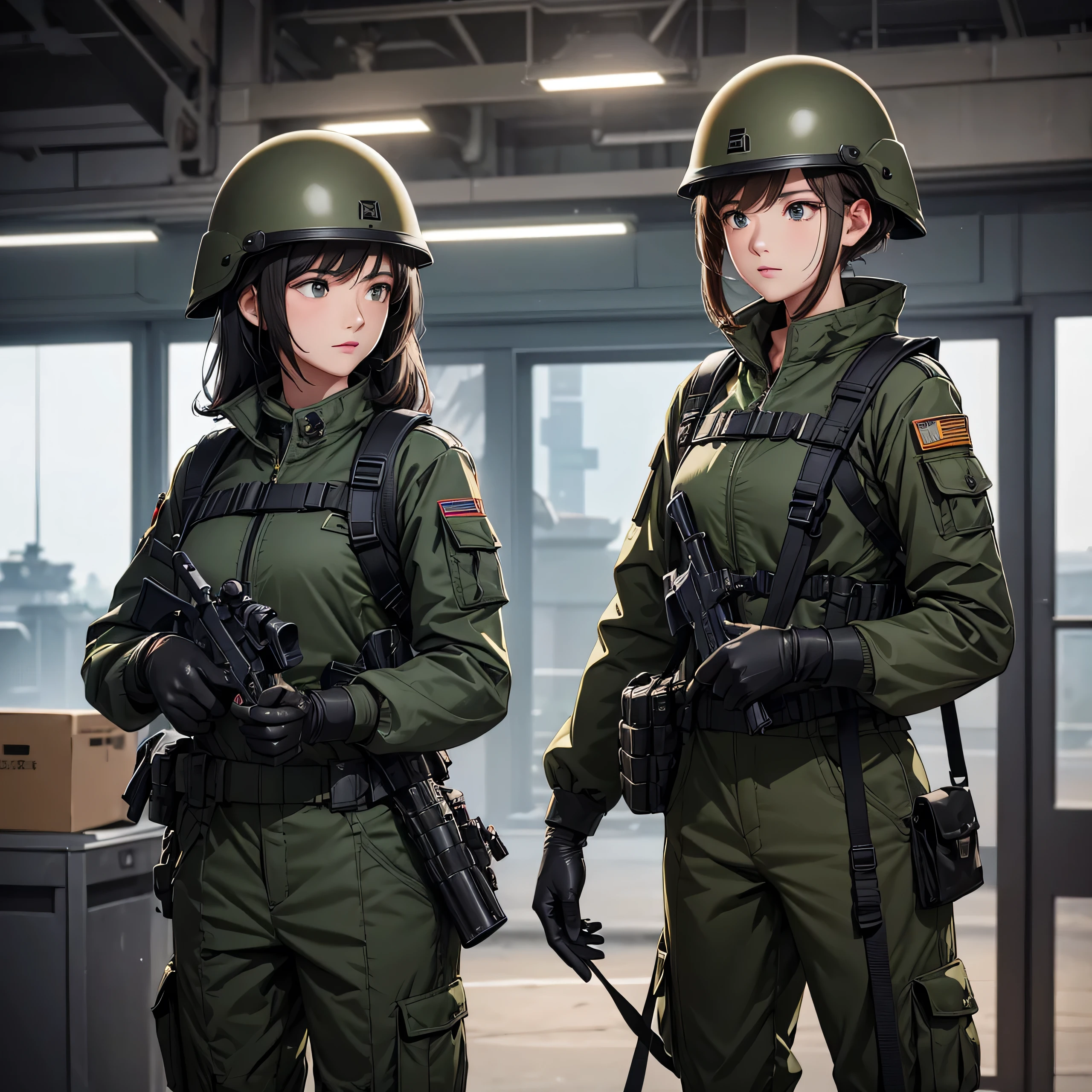 Two female soldiers wearing helmets standing guard、Two black rubber shoulder straps for 2 people crossed、Dark green M51 jacket、upright、Magazine Pouch、military trousers、Black gloves、Write details、masterpiece、best quality、Highly detailed CG、8K picture quality、theater lighting、lens flare