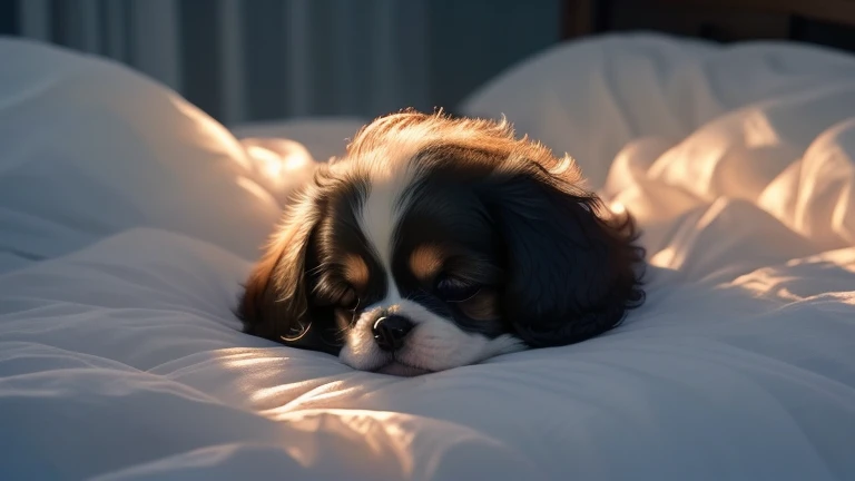 In a dreamy magical world, cute animals sleep. On fluffy clouds floating in the starry sky, a black and white King Charles Spaniel puppy sleeps. Stars hang down from the sky, creating a dreamy, magical atmosphere. The puppy's face is calm and peaceful, with a narrow white stripe on its head, and its long, curly ears are softly curled,sleeping on