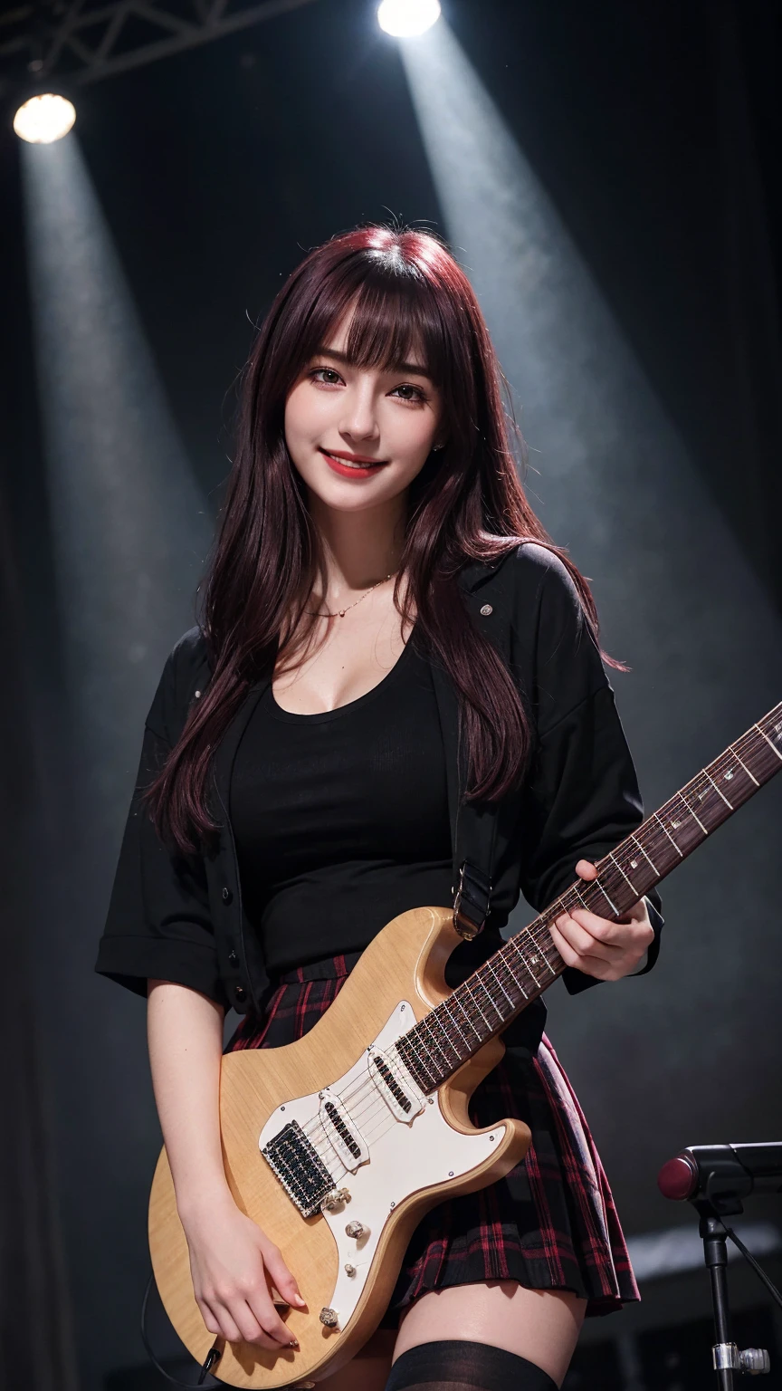 ((best quality)), photorealistic, photorealism, Photorealistic, high resolution, school girl blazer、 black t shirt、Red checked knee-length skirt、Long skirt、JK Style、Jacket、smile、Knee-high socks、Thigh-high socks、pantyhose、A superb beauty、Super cute、ennui、Rare beauty、Short hair、Aestethic tatoo, Black Dark Eyeshadow、Sad、white skin、pale skin, short hair straightener、Dark Gothic Makeup、Cute Smile、Fragrant beauty、Stained glass background、Mastepiece、Best Quality、Refers to 5 books、Sweat glistening on my chest、Sweat glistening on my face、Large breasts、Maroon hair、Age 20 years old、Mysterious look、A sad expression、Maroon Hair、mysterious gothic church、enchanting castle、Sweating profusely all over the body、A lot of sweat and light on the thighs、Shiny thighs、Plenty of sweat glistening on the thighs、A large amount of sweat glistens on my thighs、Sweating profusely、Gal、Medium breasts、beautiful face、Alluring expression、Thin thighs、Playing electric guitar、I have an electric guitar、Sing a song enthusiastically、Playing guitar in a band、Playing guitar chords、Live House Background、Sing a song、Open your mouth、Live house scenery、Mike stand、Glamorous live stage、Dynamic Angle、cinematic lighting
