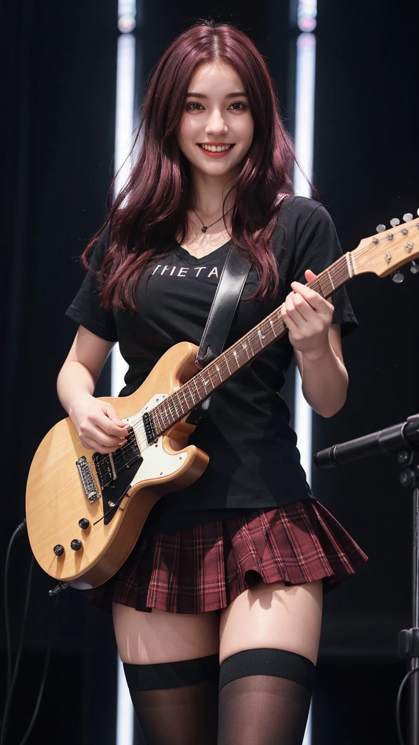 ((best quality)), photorealistic, photorealism, Photorealistic, high resolution, school girl blazer、 black t shirt、Red checked knee-length skirt、Long skirt、JK Style、Jacket、smile、Knee-high socks、Thigh-high socks、pantyhose、A superb beauty、Super cute、ennui、Rare beauty、Very Short hair、Aestethic tatoo, Black Dark Eyeshadow、Sad、white skin、pale skin, short hair straightener、Dark Gothic Makeup、Cute Smile、Fragrant beauty、Stained glass background、Mastepiece、Best Quality、Refers to 5 books、Sweat glistening on my chest、Sweat glistening on my face、Large breasts、Huge breast、Red hair、Age 20 years old、Mysterious look、A sad expression、Red Hair、mysterious gothic church、enchanting castle、Sweating profusely all over the body、A lot of sweat and light on the thighs、Shiny thighs、Plenty of sweat glistening on the thighs、A large amount of sweat glistens on my thighs、Sweating profusely、Gal、Large breasts、beautiful face、Alluring expression、Thin thighs、Playing electric guitar、I have an electric guitar、Sing a song enthusiastically、Playing guitar in a band、Playing guitar chords、Live House Background、Sing a song、Open your mouth、Live house scenery、Mike stand、Glamorous live stage、Dynamic Angle、cinematic lighting, backlight lighting