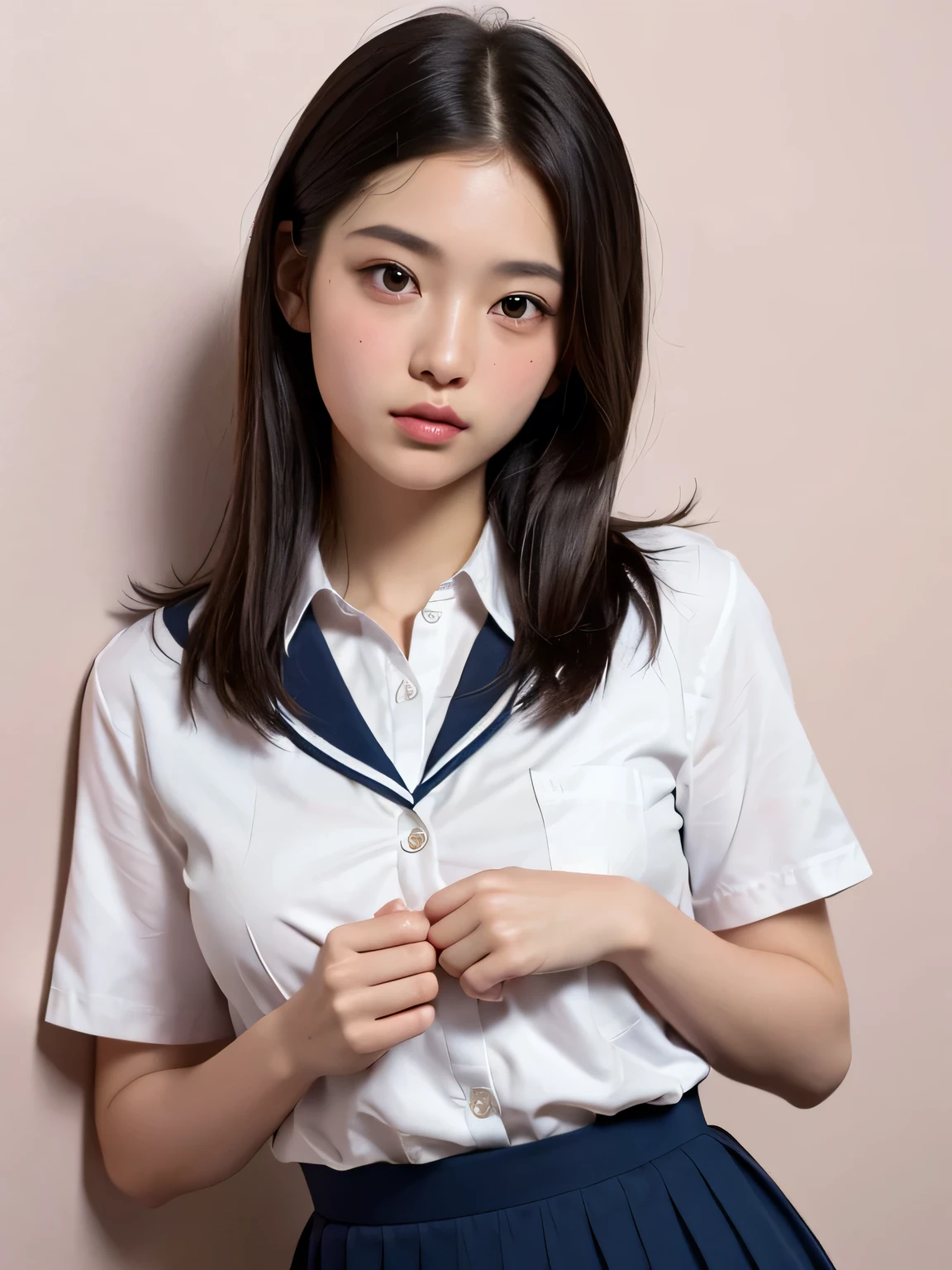 ulzzang-6500-v1.1, (Raw foto:1.2), (Photorealsitic), a beautiful detailed girl, extremely detailed eye and face, beatiful detailed eyes, huge filesize, (huge tit), hight resolution, ighly detailed, top-quality, [​masterpiece:1.6], [JK school uniform], illustratio, ighly detailed, CG, finely detail, top-quality, Highly detailed CG uniform 8k wallpaper, Cinematographic lighting, 1girl in、、Cute High School Girl、perfect body type、[Wearing a white school blouse with the front button unbuttoned]、large, taut chest、[huge-breasted、heavy breasts、H-cup:1.8]、White School Blouse、bra very、Sweating and getting wet、[sexual excitement:1.1]、[lyin in bed:1.5]、Raise both hands、School uniform ribbon around neck、A slight smil、(the whole body is wet)、Shining eyes