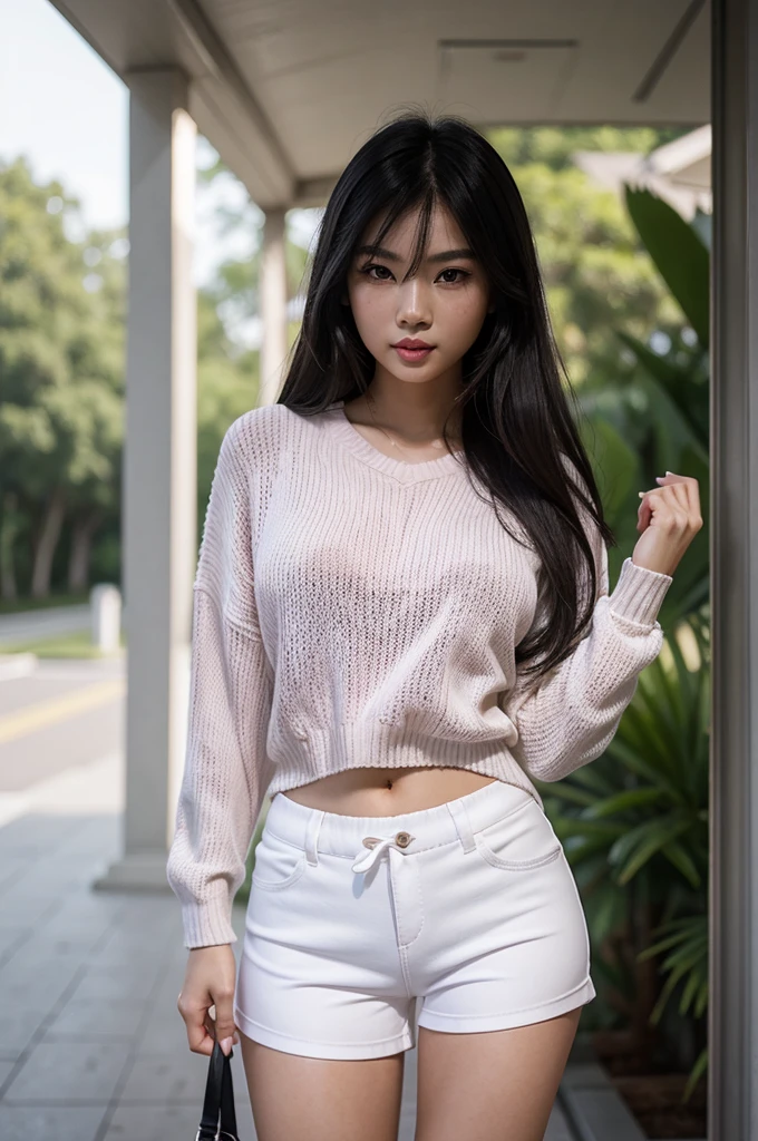1woman, woman, asian woman, woman, hot woman, asian/Philippines model, beautiful, model, sport shorts, girly shorts, running shorts, casual woman shorts, sweater, cute female sweater, sweater, great figure, perfect proportions, black hair, long black hair, long beautiful hair,long perfect black hair, white eyes, perfect beautiful white eyes, detailed white eyes, majestic woman great figure, asian/Philippines, asian woman, light pink lipstick, perfect face, cemeterial face, great body, beautiful body perfect face with white eyes black hair light pink lipstick asian/Philippines,casual clothes, sport shorts, girly shorts, running shorts, casual woman shorts, sweater, cute female sweater, sweater, asian woman, (Thick body, great figure) BREAK highly realistic, perfect image, realistic image, photorealistic, real image, real photo 8k image, high-resolution. [perfect hands, perfect legs, perfect proportions, perfect face, woman] asian woman, beautiful asian woman (white eyes, beautiful white eyes, detailed white eyes) *black hair* *white eyes* *sportshorts for woman* *oversized sweater*
