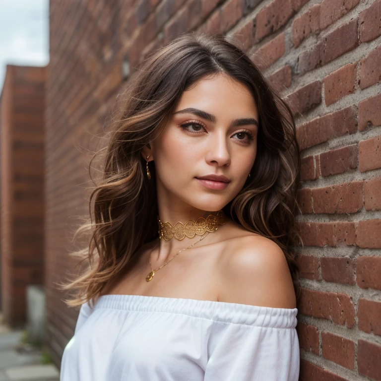 ultra realistic 8k cg, masterpiece, ((ultra detailed background, delicate pattern, intricate detail)), best quality, intricate details, chromatic aberration, 1girl, long hair, golden hair, messy hair, red highlights, hair over one eye, sharp eyes, choker, brick wall, graffiti, dim lighting, alley, oversized shirt,off shoulder, see through white shirt, Masterpiece, best quality