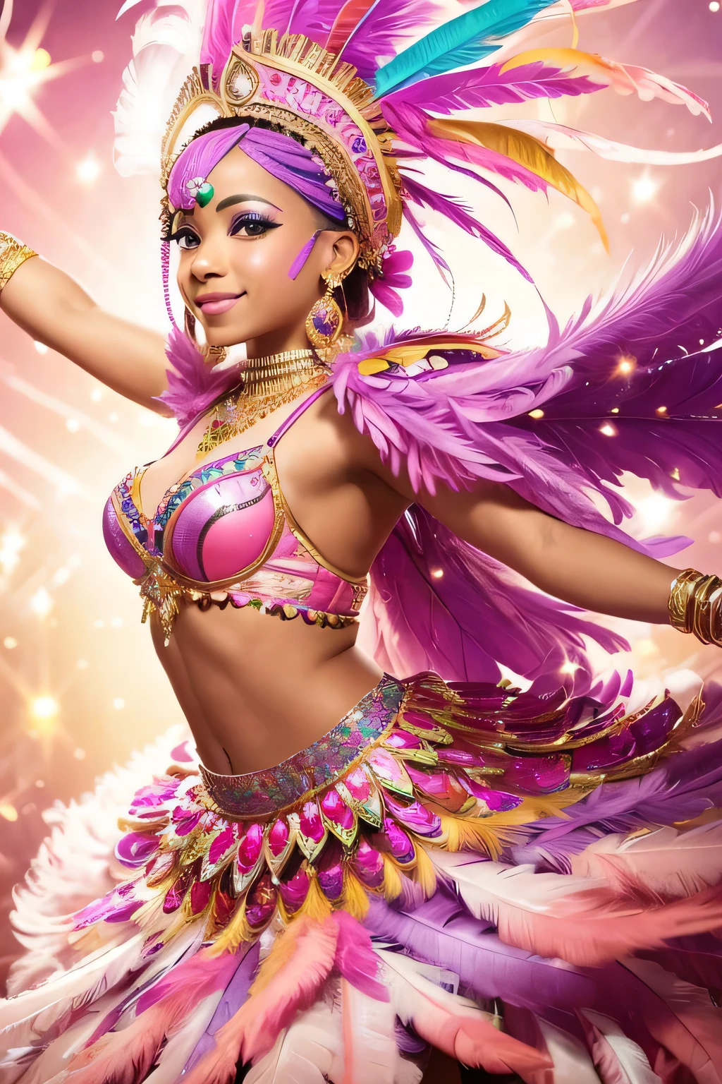 carnival dancer, with feathers and plumes on her head and a lot on her back, pink, yellow and lilac colors, lots of jewelry and glitter, friendly and happy face, front view of almost complete body in dance pose