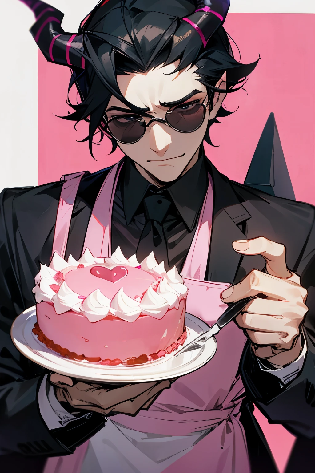 The butler wears dark glasses. Has horns on his forehead, black hair, wears a pink apron. With a cute cake