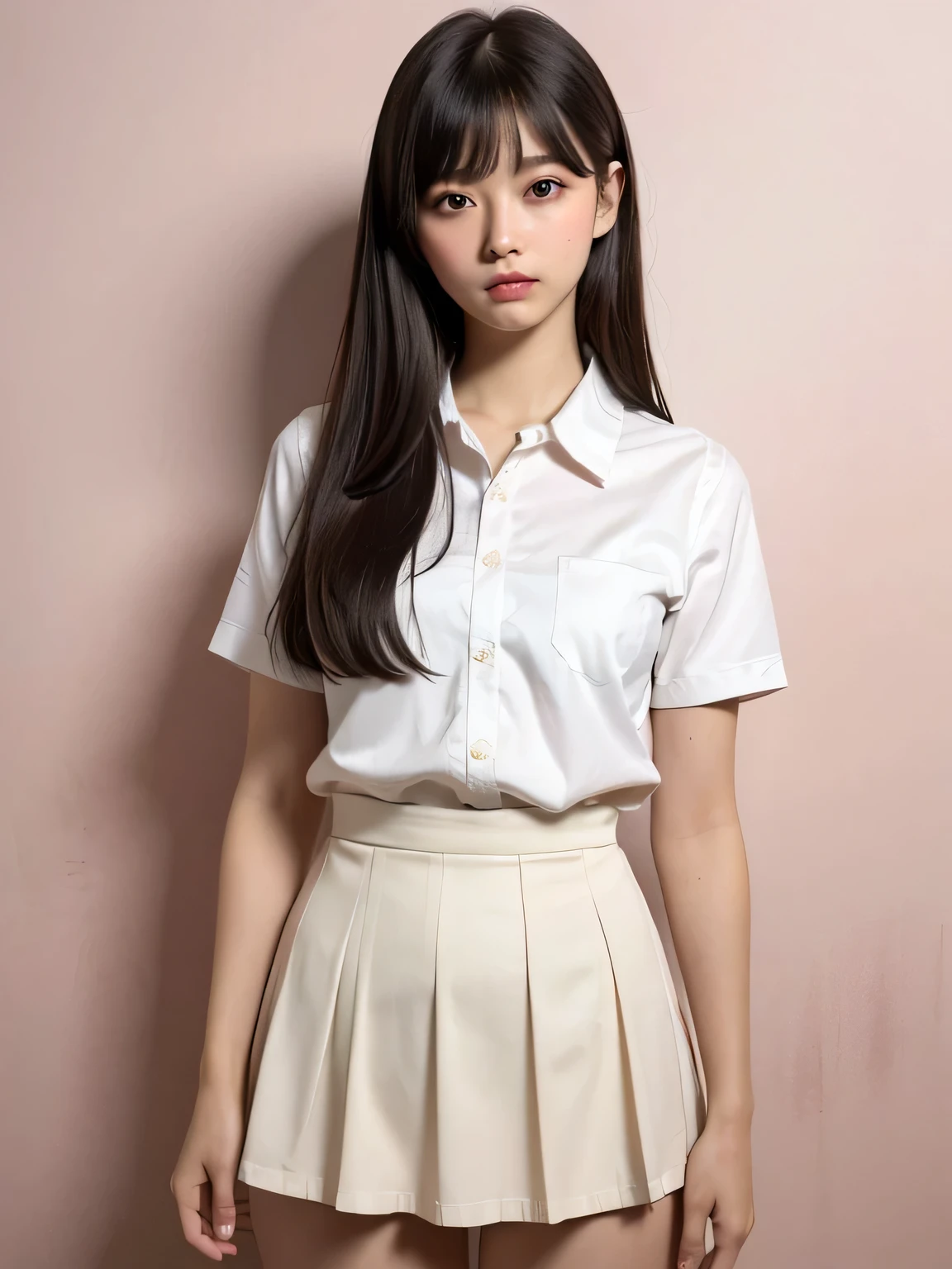 (masterpiece:1.3)、Very fine finish、(High resolution、8k:1.3)、highest quality、Beautiful Hands、Beautiful Hands指、(Ultra-realistic as a photo:1.3), Ultra High Resolution Face、The face is in focus、Ultra high definition and beautiful eyes、(Concentrated eyes:1.3)、(Eyes are symmetrical:1.3)、High quality and beautiful skin、Firm Skin、Natural Makeup、Gloss lips, Ultra HD Hair Texture、Japanese women、high school girl、、(High School Uniform:1.3), very cute, Very short hair:1.2,, Mid-chest, (Flip up the skirt、Small panties are visible from the skirt:1.1), Pink wall、 (Very embarrassed:1.3), (blush:1.3), (View Viewer:1.2)