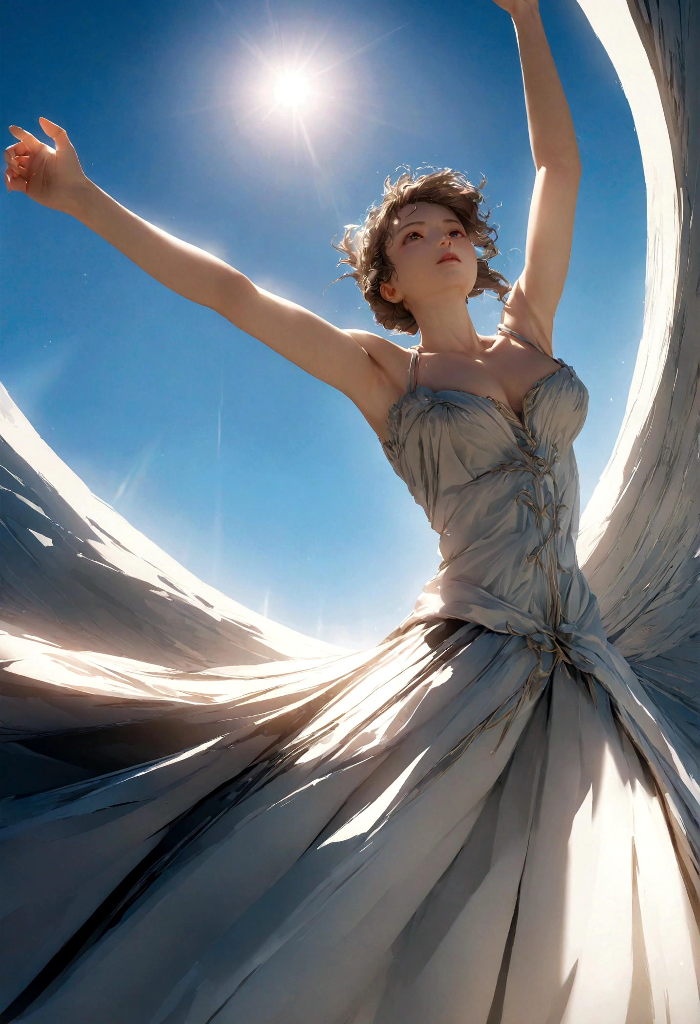(Digital art like a movie: 1.3), high quality, masterpiece, 最high quality, Super detailed, figure, [4k digital art]!!、 Kyoto Animation Style, One Woman, clavicle Beauty, clavicle, Light, hope, blue sky, positive, Challenge, motivation, shine, Dynamic Perspective