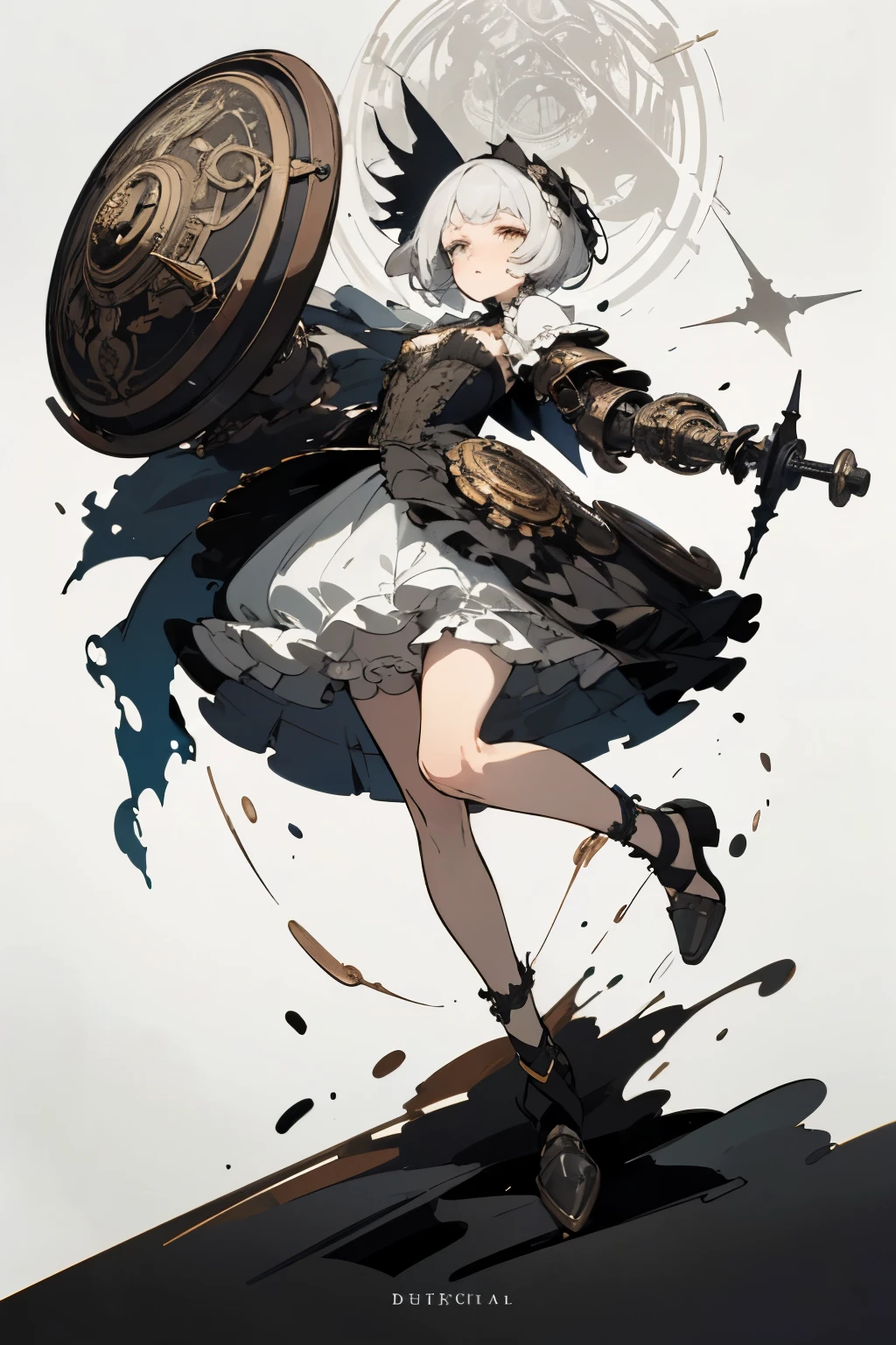 ((best quality)), ((masterpiece)), (detailed), perfect face ((best quality)), ((masterpiece)), (detailed), blank white background, plain background, white background, Bloodborne inspired, occult aesthetic, occult, detailed and intricate steampunk and detailed gothic, (zentangle, mandala, tangle, entangle), NSFW, torn clothing, Very dramatic and cinematic lighting, cosmic horror, grim-dark, side-lighting, perfect face, a beautiful goddess adorned and enshrined in armour, Bloodborne inspired , occult aesthetic , occult , detailed and intricate steampunk and detailed gothic , wielding a sword and holding a shield, NSFW, Fluttering lace flared short dress with frilly petticoats, knee length dress, pleated petticoats, ta dress, petticoats gothic loliside-lighting, gothic lolita aetic, beautiful small breasts, small breasts, full body, whole body, body, plain background, white background, blank background, no background, white background NSFW, full body, whole body, head-to-toe