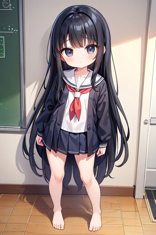 one person、Long Hair、Black Hair、With bangs、6 year old girl、small、Primary school students、Baby Face、Innocent face、Big eyes、barefoot、black eye、cute、Spread your legs、凄くsmall胸、身長のsmall、Are standing 、School、Schoolの制服