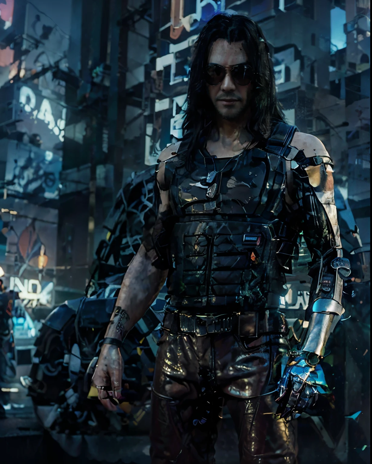 1man, Sunglasses, (JohnnySilver), (Best Quality, 8k, Masterpiece: 1.3), perfect hands, Clear Focus: 1.2, (black long hair), standing, dynamic pose, in a futuristic city illuminated by neon lights, cyberpunk