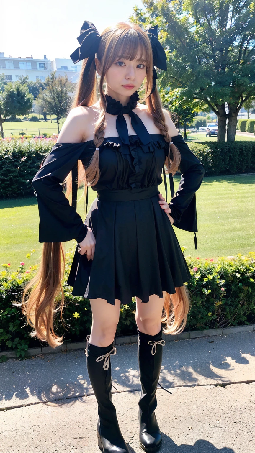 (8k、RAW Photos、highest quality、masterpiece:1.2)、(Realistic、Realistic)、1 girl、((Blonde、Cape、Twin tail hair、Off the shoulder、Black Mini Skirt、Knee socks、Frills、ribbon、See-through、Big Breasts、boots、whole body、garden、View from the front、Looking into the camera、Standing with hands on hips))、
