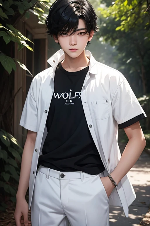 16 year old boy. short black hair. white eyes. simple clothes. with a white wolf