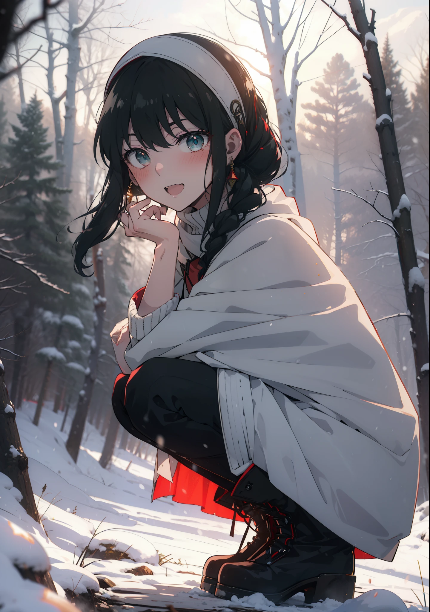 Your thorns, One Girl, blush, Black Hair,Red eyes, hair band, jewelry, Earrings, happy smile, smile, Open your mouth,
Open your mouth,snow,A bonfire on the ground, Outdoor, boots, snowing, From the side, wood, suitcase, Cape, Blurred, Eat food, forest, White handbag, nature, Squat, Mouth closed, フードed Cape, winter, Written boundary depth, Black shoes, red Cape break looking at viewer, Upper Body, whole body, break Outdoor, forest, nature, break (masterpiece:1.2), highest quality, High resolution, unity 8k wallpaper, (shape:0.8), (Beautiful and beautiful eyes:1.6), Highly detailed face, Perfect lighting, Extremely detailed CG, (Perfect hands, Perfect Anatomy),