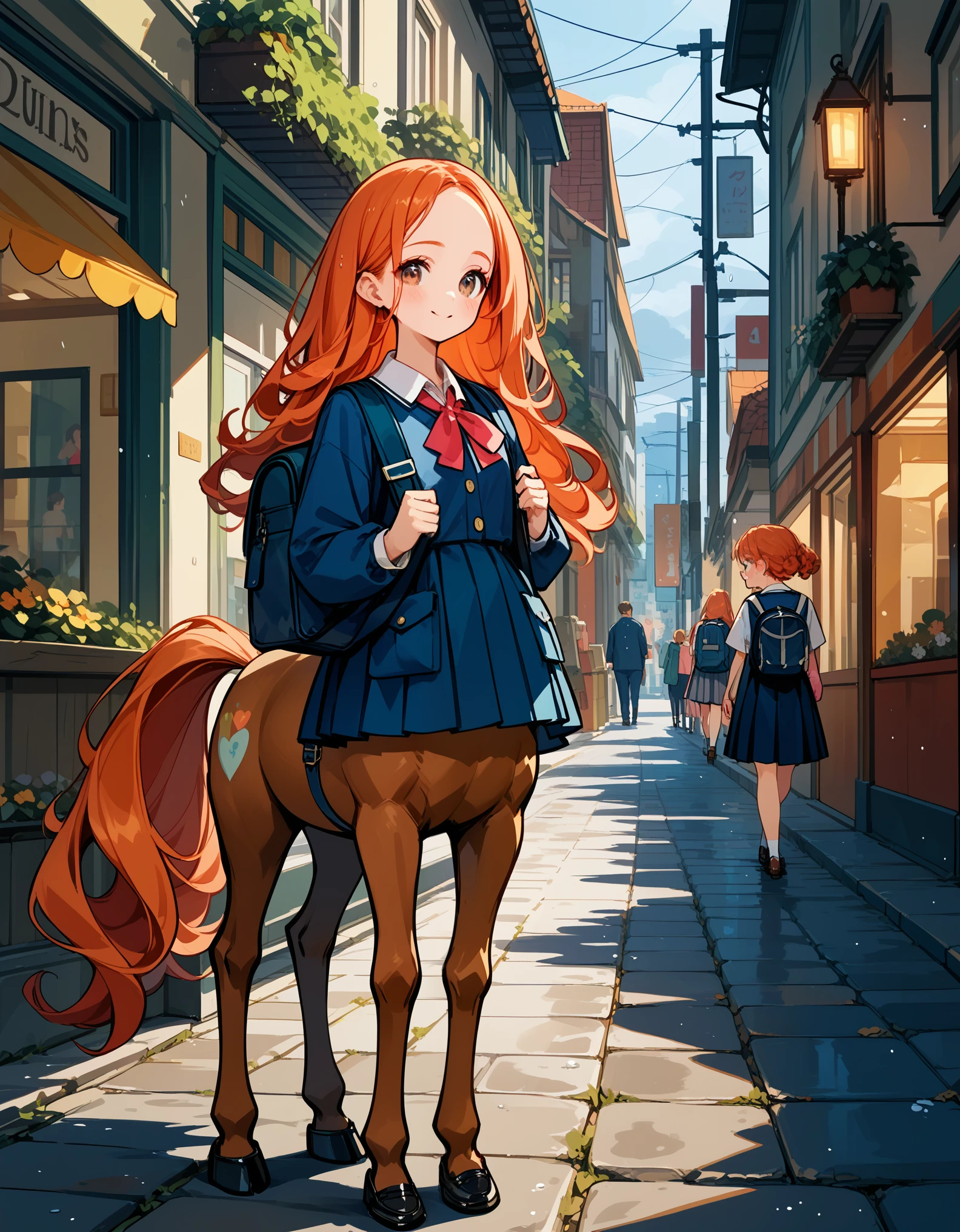 score_9,score_8_up,score_7_up,score_6_up,score_5_up,Very young woman，10 years old，Bright redhead，Curly long hair，Brown eyes，A shy smile，Centaur，(girl:1.3), Elementary school girl，uniform， Wear a pink school bag backpack，Residential Street，At dusk，Sunny day in the rainy season，A lot of hydrangea，