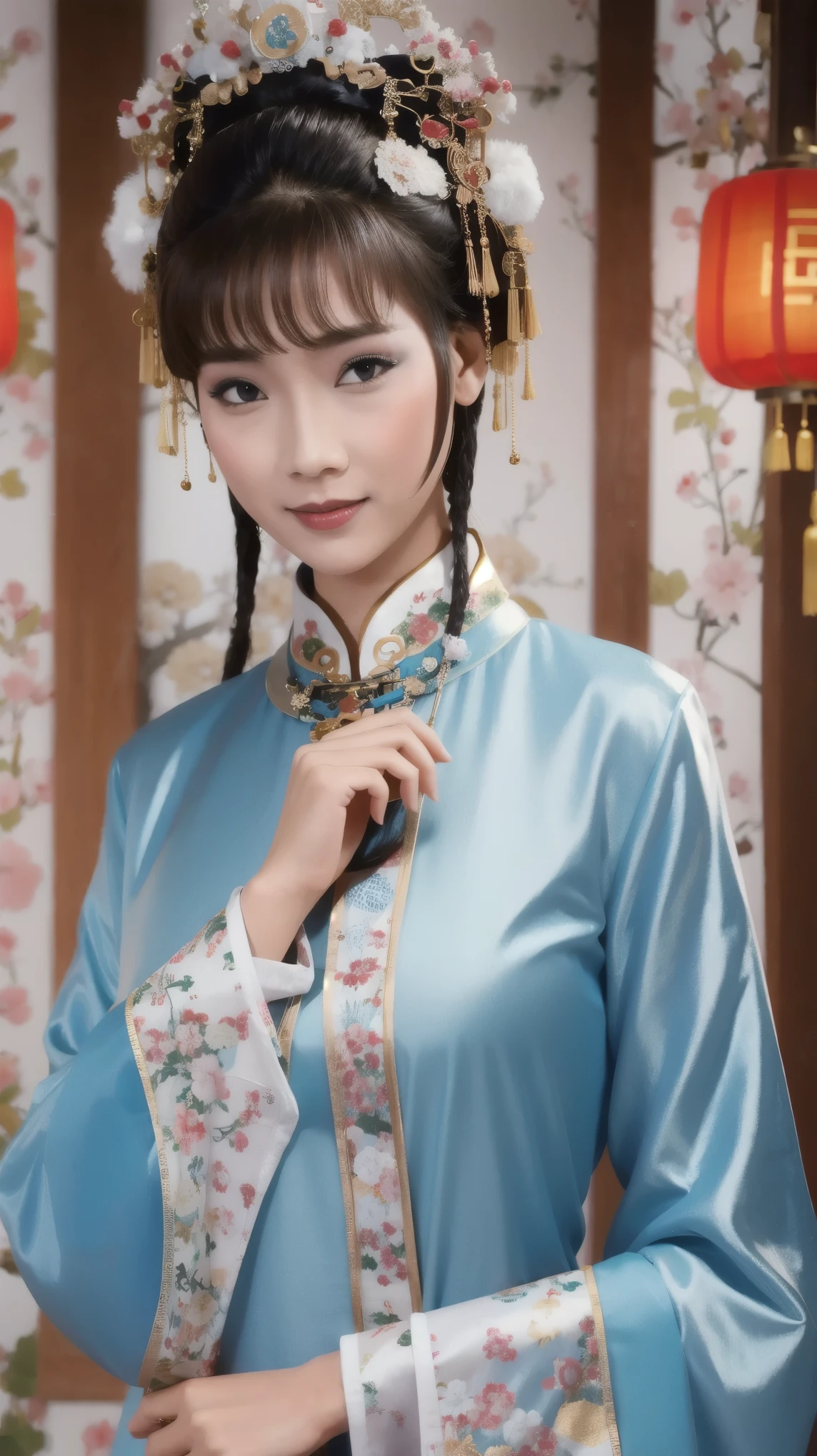 Fashion model 25 years old [[[[close up]]]], [[[[neck]]]], [[[[Shoulder]]]], Perfect eyes, Perfect iris，Perfect lips，Perfect Teeth，Perfect skin，White skin，Soft headlight，High-density imaging review，（Face is clear and delicate），((Chinese ancient costume))，((Smile))，((Background is Chinese interior))，best quality，masterpiece，（Soft colors：1.2）