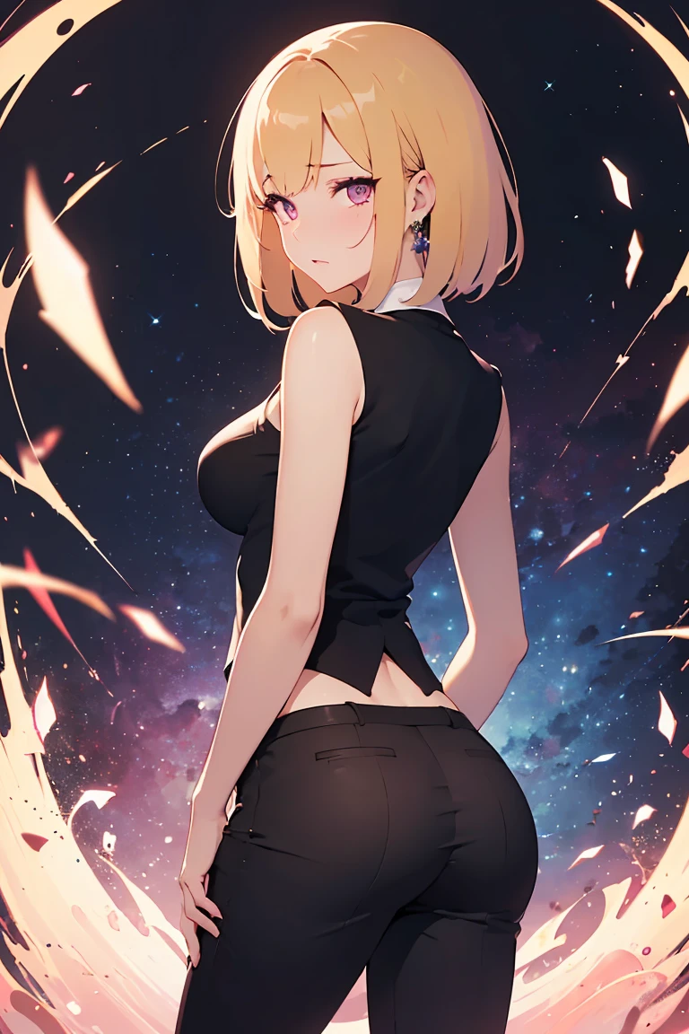masterpiece, absurdres, best quality, ultra detailed, high Resolution, detailed illustration, bright colour, (extremely beautiful detailed face and eyes, Delicate beautiful face, 1 girl, cute face:1.3), (magenta eyes:1.1), sparkling eyes, big eyes, medium breasts, (perky breasts:1.1), (pointy breasts:1.1), medium hips, glamorous body, white skin, BREAK, asymmetry long bob cut, (blonde hair:0.8), messy hair, detailed hair, shiny hair, BREAK (skinny slacks, soft Buttocks:1.5), perfect lighting, (embarrassed:1.5), (ecstasy, vulgarity:1.5), (trembling:0.8), From behind, Standing in honor,