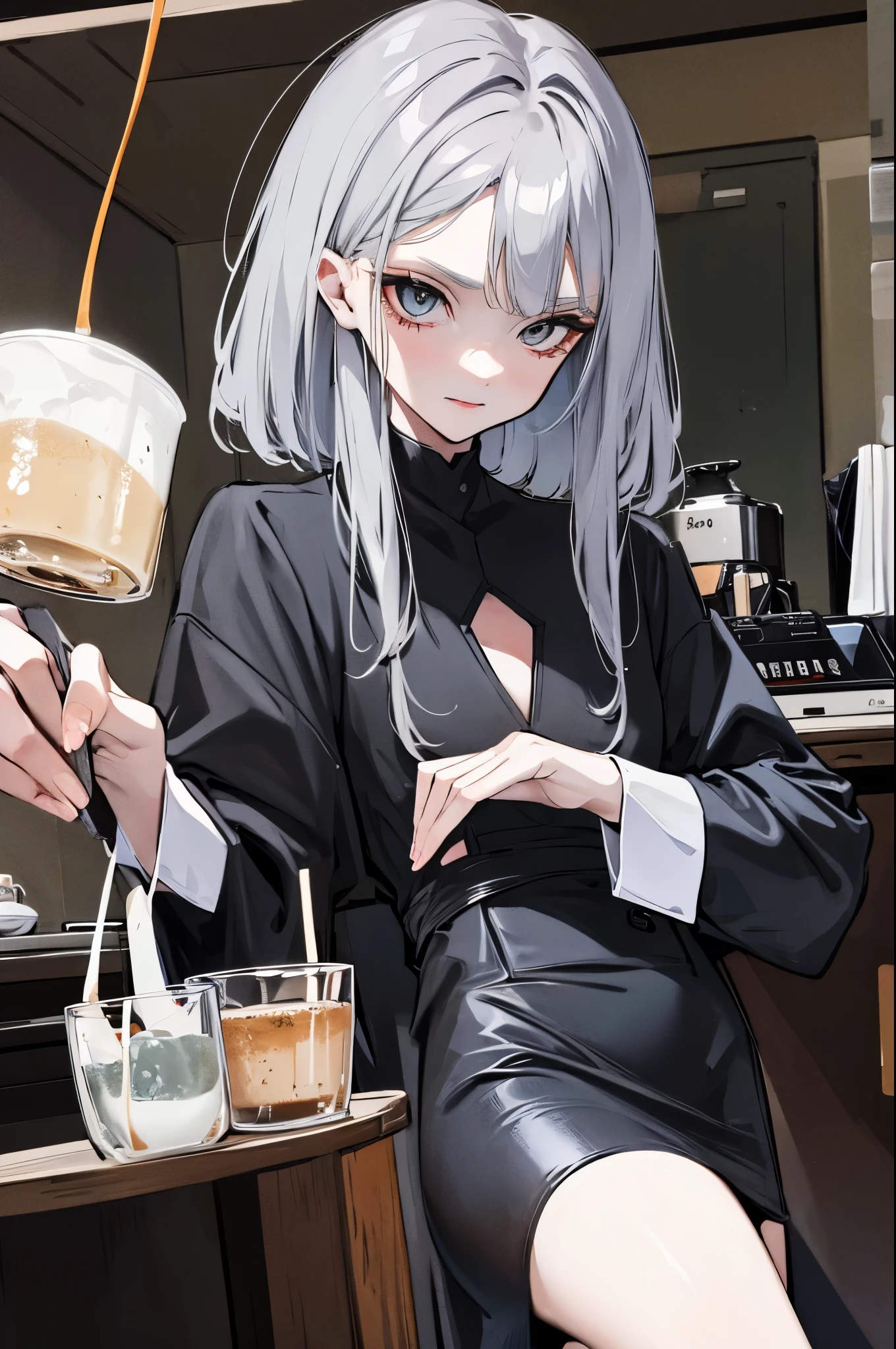 Short Hair,Uniform hair length,Hair color: dark ash gray,The ends of my hair are curly,Barista,Simple fashion clothes,Black V-neck long sleeve dress,Cool Beauty,28-year-old woman,A slight smile on your lips,A mole under the left lip,Stylish cafe,Kind-looking thin eyebrows,Illustration by only one woman,Having a Coffee Pot,highest quality,Hiding forehead,Bangs are diagonal,One simple silver bracelet on the right wrist,coffee,The background is a cafe,Espresso machine,Red lipstick,Precise down to the smallest detail,Left eye wink,Black trousers,no neckless