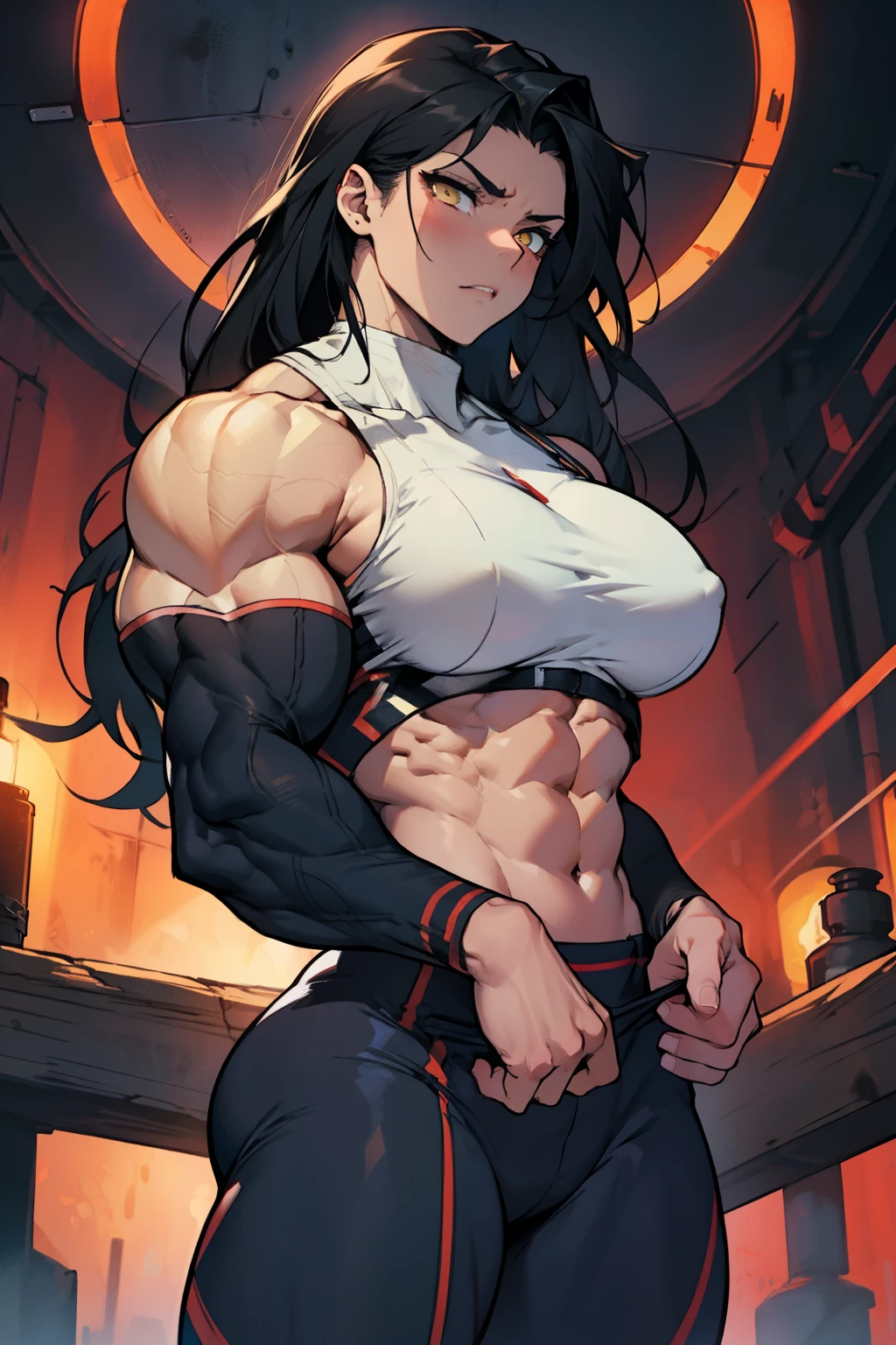 huge muscles huge breasts huge thighs pale skin black hair yellow eyes very long hair muscular girl expressionless sad skintight dark atmosphere