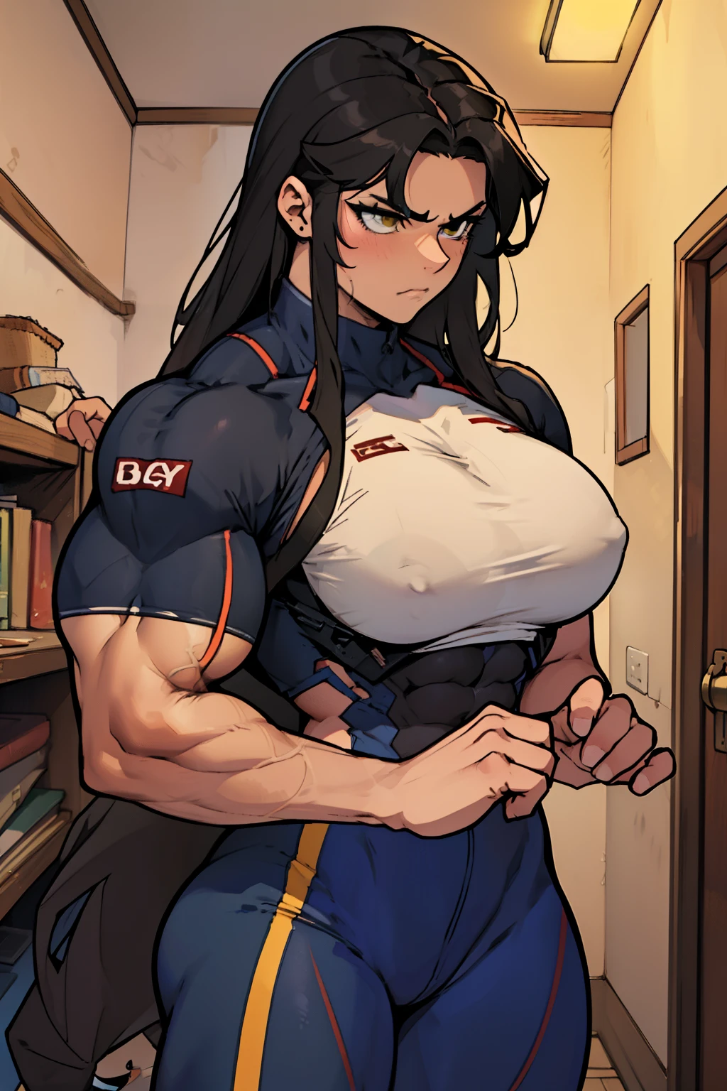 huge muscles huge breasts huge thighs pale skin black hair yellow eyes very long hair muscular girl disappointed disappointed disappointed disappointed skintight dimly lit room
