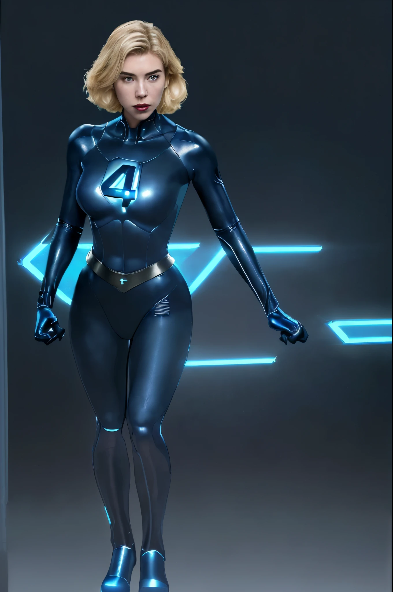 Vanessa Kirby ((ful_body)) as the Invisible Woman of the Fantastic Four, ((((wearing a dark blue futuristic full-body suit)))) with the ((((Fantastic "4" logo on the chest)))). She has blonde hair, perfect facial features and is in a superhero pose. The image must be hyper-realistic and captured with cinematic soft lighting.