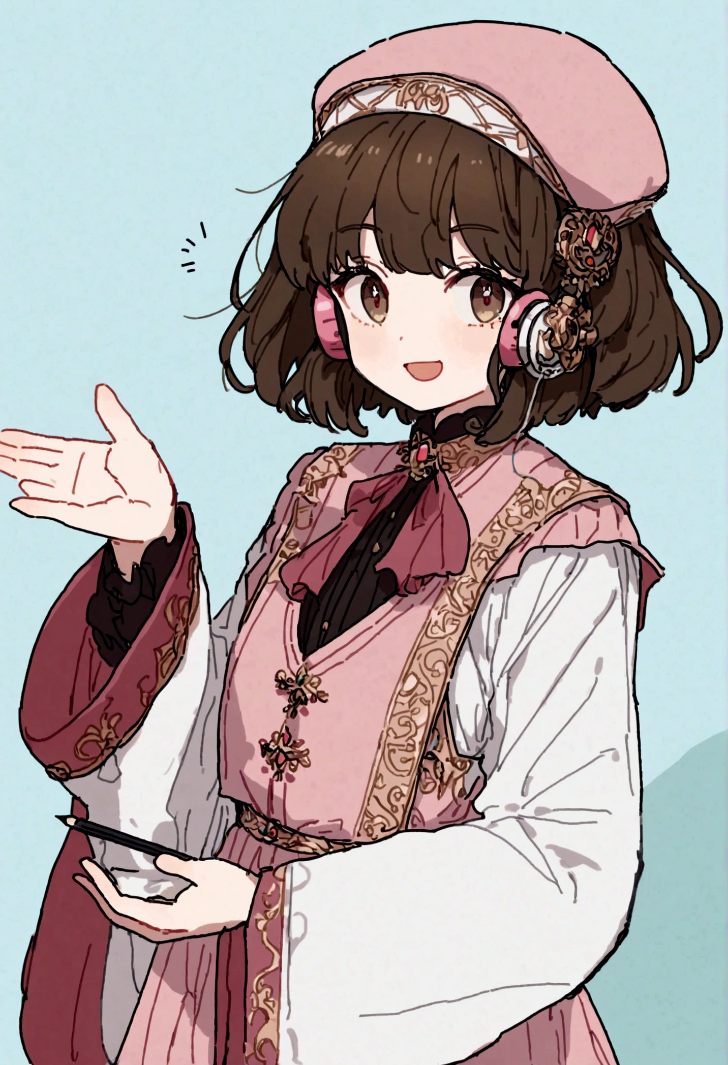 (Daisaku),(Need),(Super meticulous),(full bodyesbian:1.2),1girll,tchibi,adolable,ssmile,open-mouth smile,Light blue background,Raise your right hand,Holding pencil in hand,Holding a book in his left hand,music,Pink berets,Manteau,The shirt,short detailed hair,green headwear,Blurred,brunette color hair,longer sleeves,By bangs,Earphone,brunette color hair,(beautiful  detailed face),(Beautiful and delicate eyes),