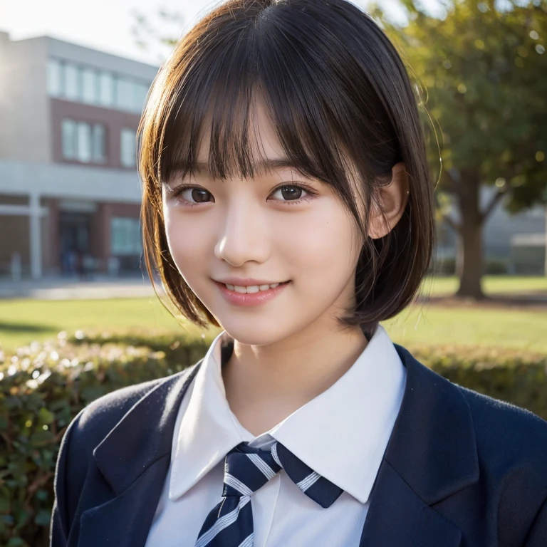 (highest quality,8K quality,masterpiece:1.3),(Ultra-high resolution,Photorealistic:1.4,RAW Photos),(Very detailed,Caustics,Detailed Background),(Ultra-Realistic Capture,Fine and beautiful skin,Perfect Anatomy),At dusk,Sunset sky,School building,Schoolyard,18-year-old,cute,single eyelid,Black short bob,School blazer uniform,looking at the camera,Laughter,Bust up shot,Natural soft light